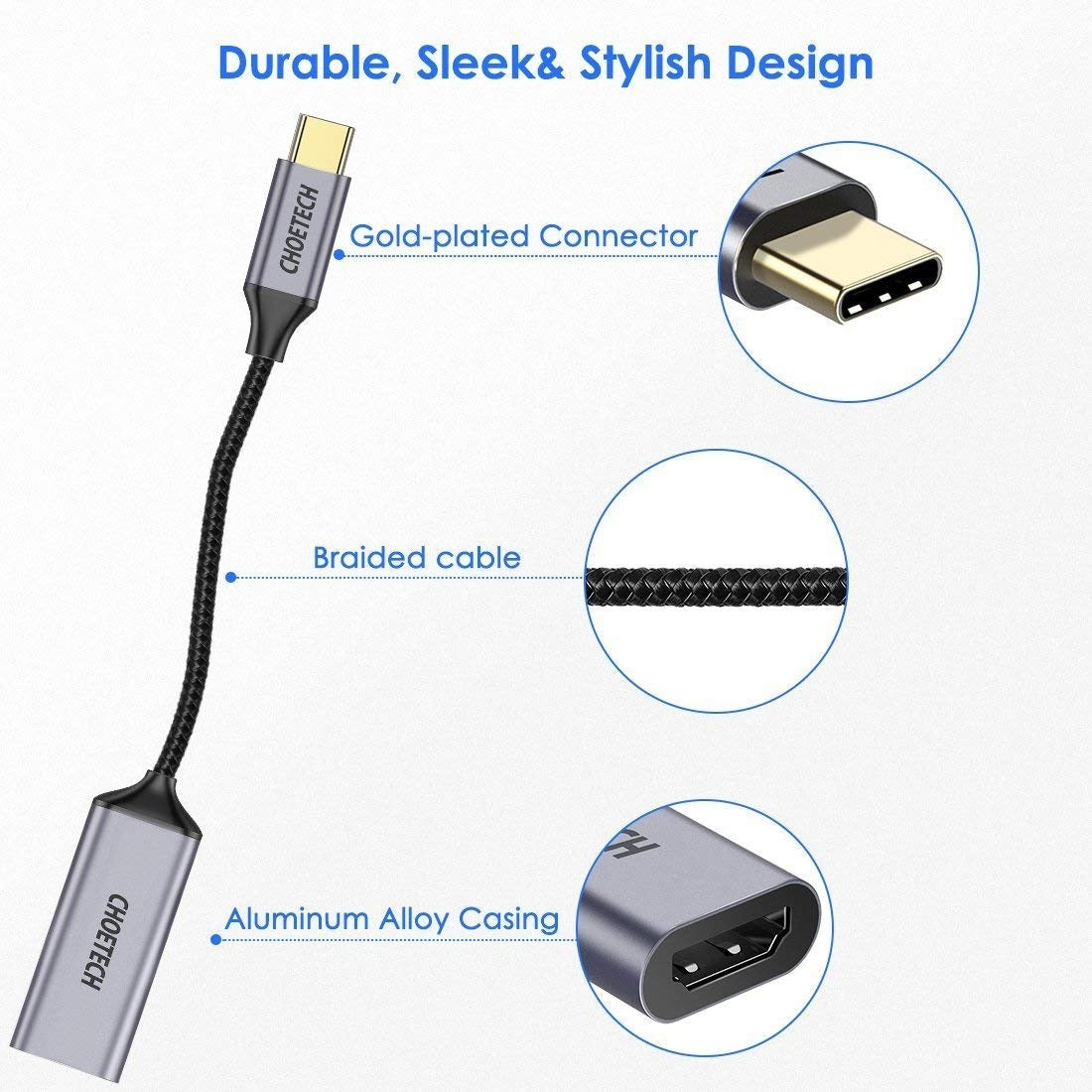 CHOETECH HUB-H10 USB-C To HDMI Braided Cable Adapter V28-ELECHOHUBH10