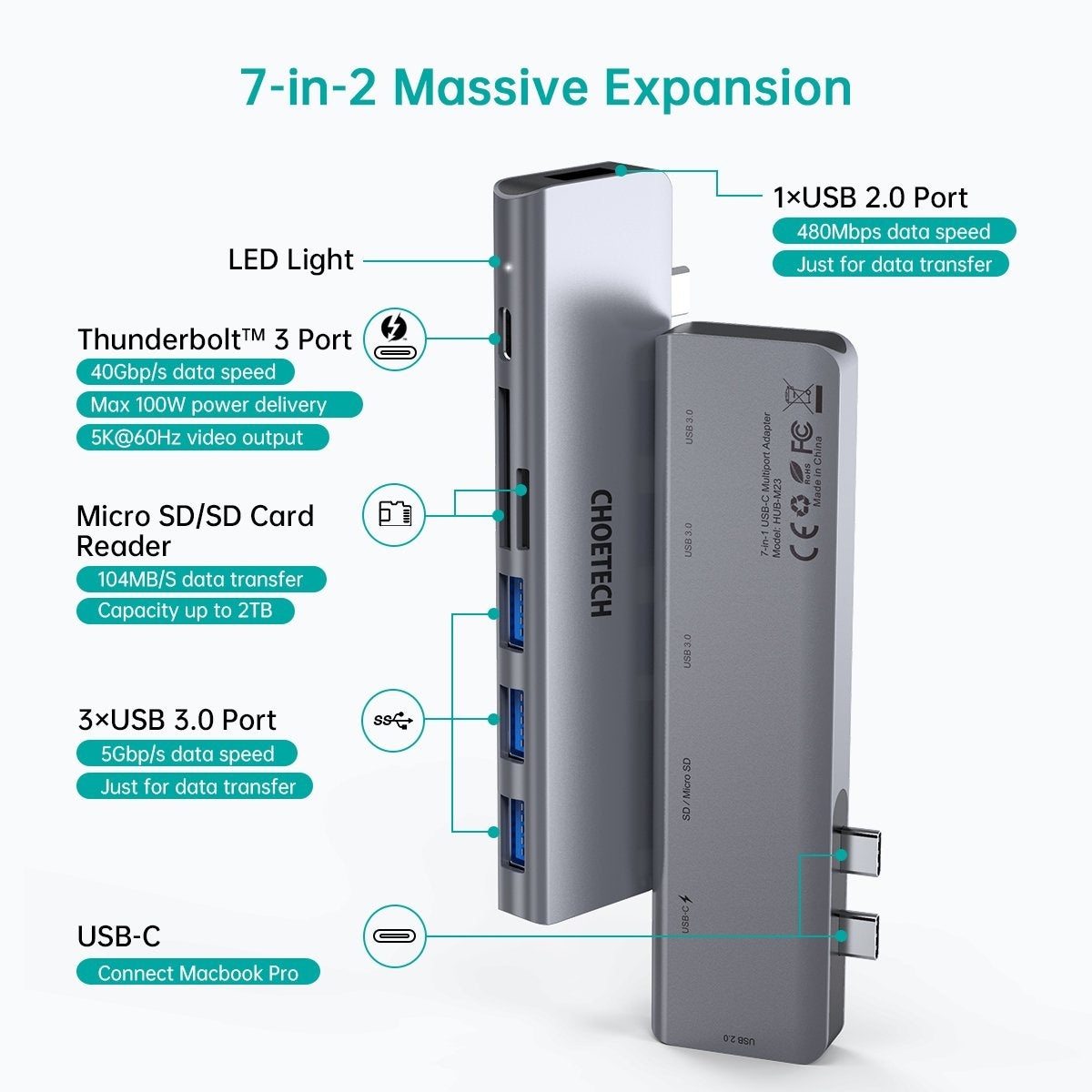 CHOETECH HUB-M23 7-in-1 MacBook Pro USB Adapter V28-ELECHOHUBM23