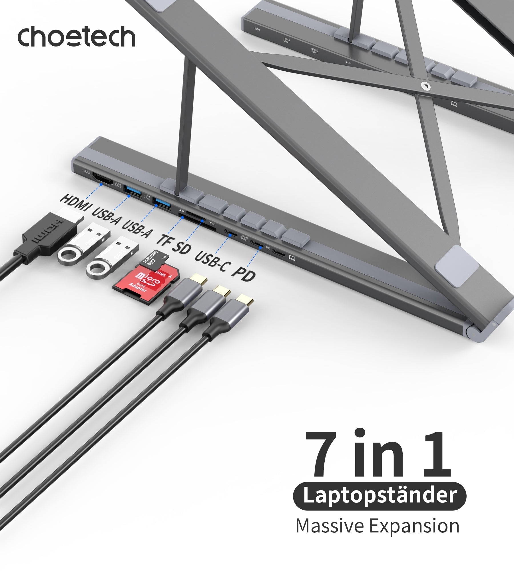 CHOETECH HUB-M48 7-in-1 Hub + Foldable Laptop stand USB-C to HDMI 4K/USB-A/TF&SD/USB-C with PD Charging V28-ELECHOHUBM48