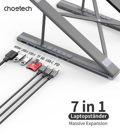 CHOETECH HUB-M48 7-in-1 Hub + Foldable Laptop stand USB-C to HDMI 4K/USB-A/TF&SD/USB-C with PD Charging V28-ELECHOHUBM48