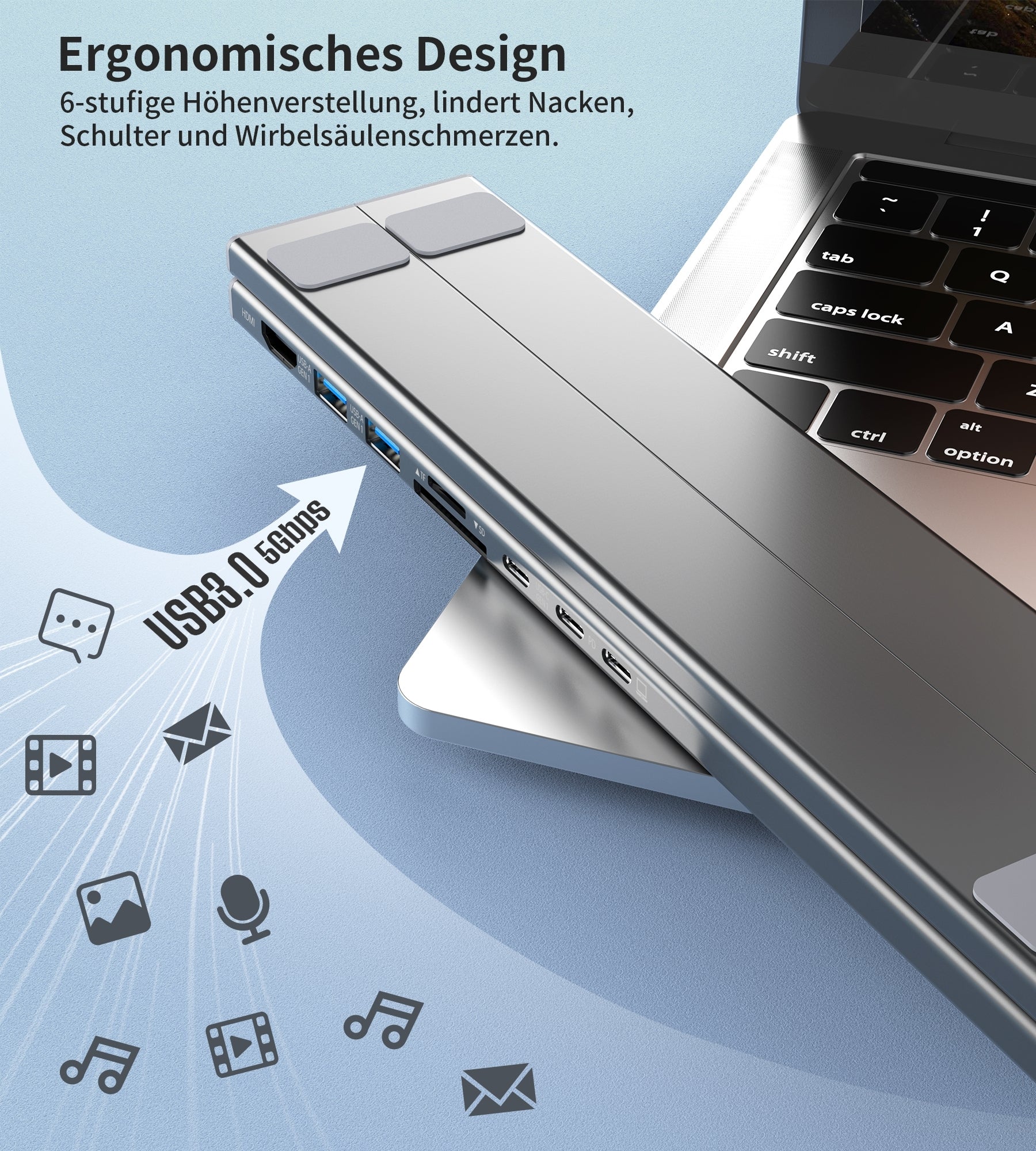 CHOETECH HUB-M48 7-in-1 Hub + Foldable Laptop stand USB-C to HDMI 4K/USB-A/TF&SD/USB-C with PD Charging V28-ELECHOHUBM48