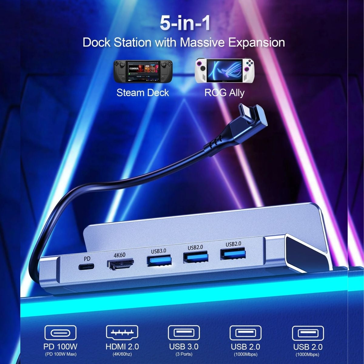 CHOETECH HUB-M77-GY PD100W 5-in-1 USB-C PD+HDMI+USB 3.0A/F+USB2.0 Steam Deck Docking Station V28-ELECHOHUBM77GY