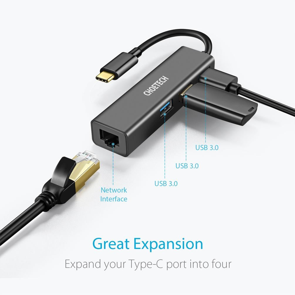 CHOETECH HUB-U02 USB-C To Ethernet Hub V28-ELECHOHUBU02