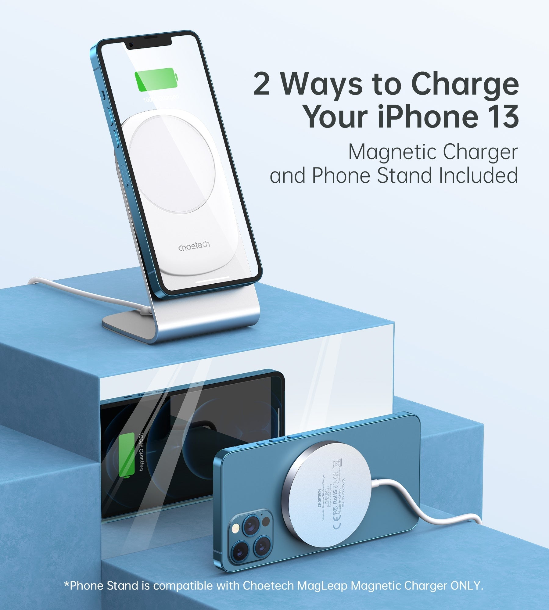 CHOETECH MIX00117SL Magasafe Fast Wireless Charger Stand Holder For iPhone 13/12 (H047+T517) V28-ELECHOMIX00117SL