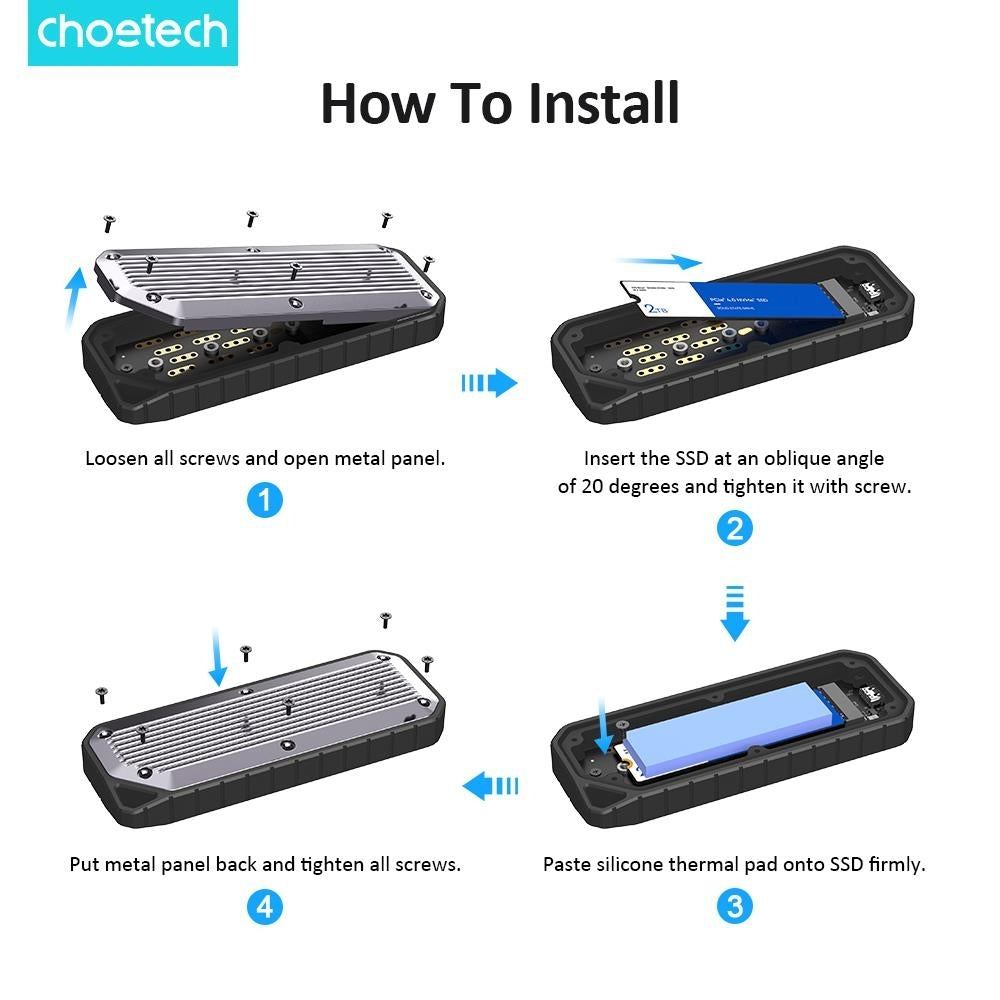 CHOETECH MSE004-GY USB3.2 Chips M.2 NVME / SATA SSD Protocol 10Gbps Transfer Speed Enclosure with IP65 V28-ELECHOMSE004GY