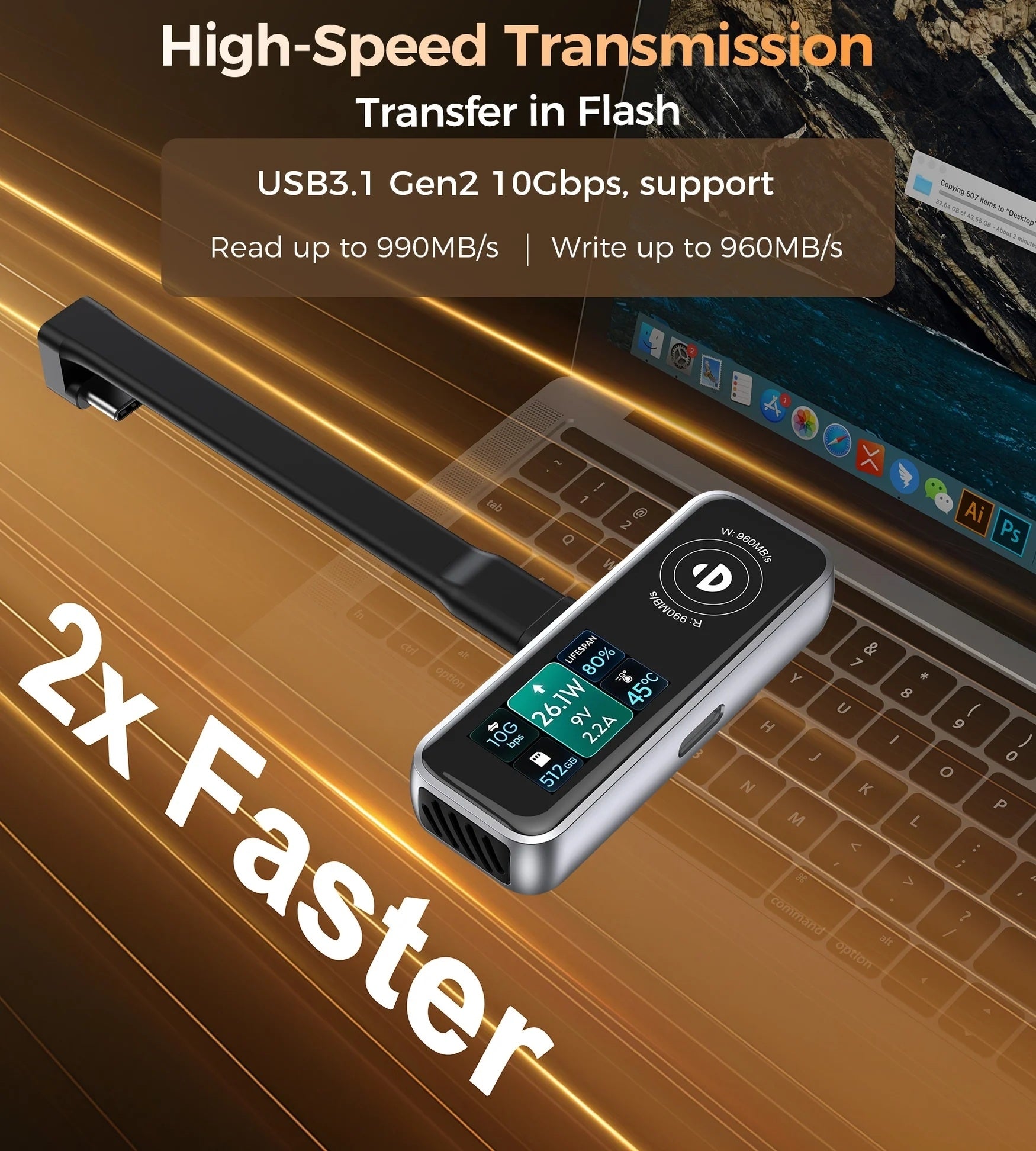 CHOETECH MSE023 Mobile Phone 512GB Portable SSD 10Gbps, Cooling Fan, for Phone Use V28-ELECHOMSE023