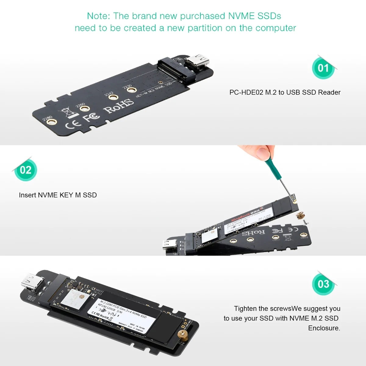 CHOETECH PC-HDE02 M.2 to USB SSD Reader (Enclosure only) Supports M-Key (PCI-E NVMe-based) V28-ELECHOPCHDE02