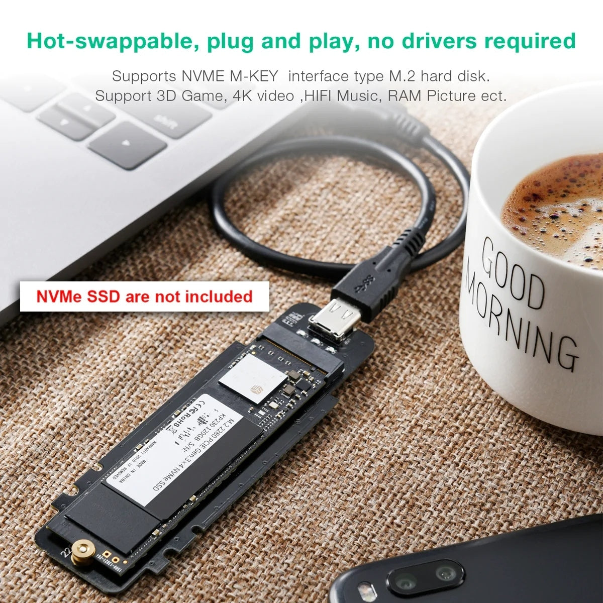 CHOETECH PC-HDE02 M.2 to USB SSD Reader (Enclosure only) Supports M-Key (PCI-E NVMe-based) V28-ELECHOPCHDE02