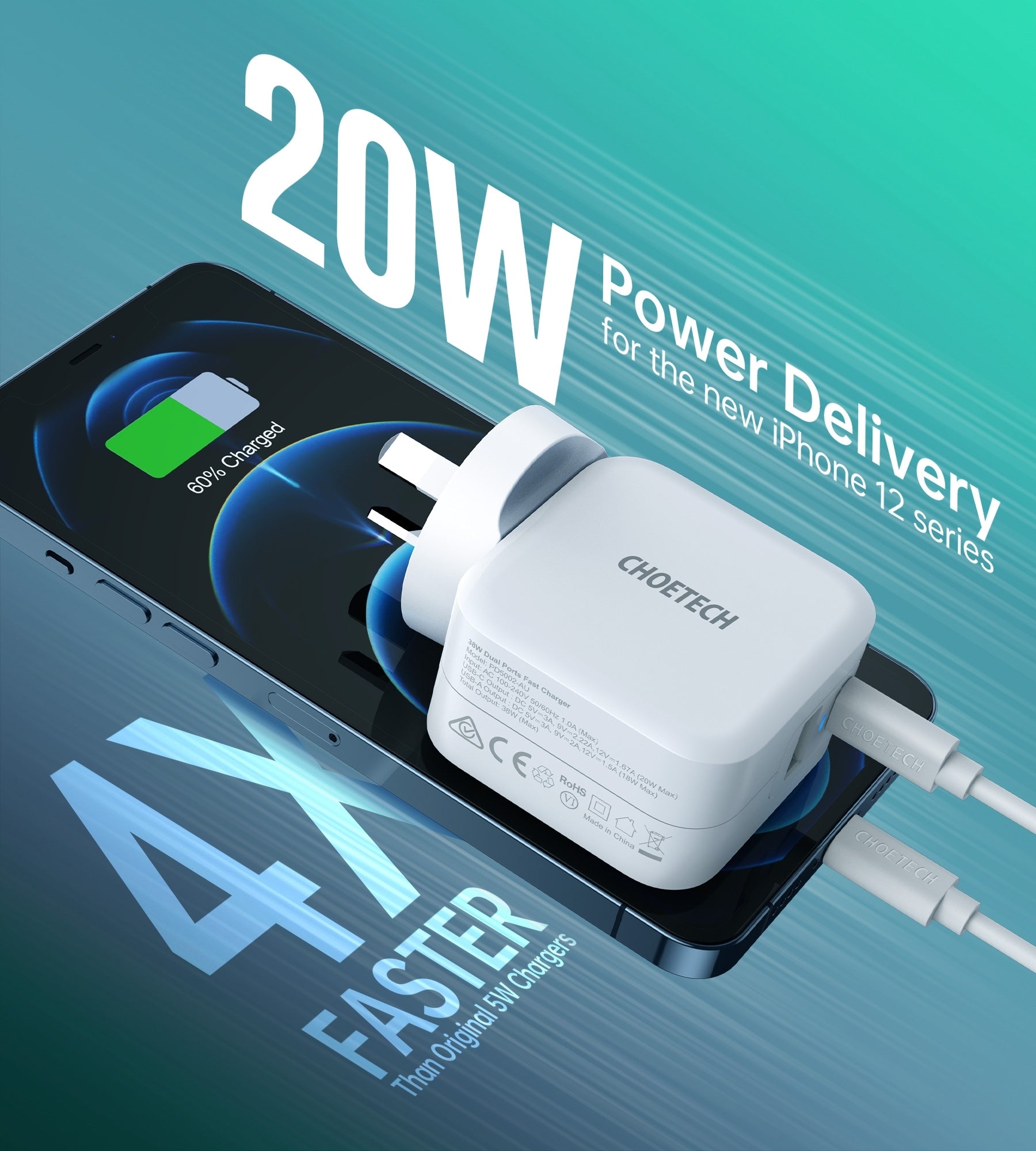 CHOETECH PD5002 QC3.0 18W + PD 20W Fast Charger V28-ELECHOPD5002