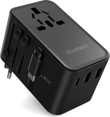CHOETECH PD5020 35W EU/US/AUS/UK Travel Adapter with Built-in USB-C Cable - Black V28-ELECHOPD5020