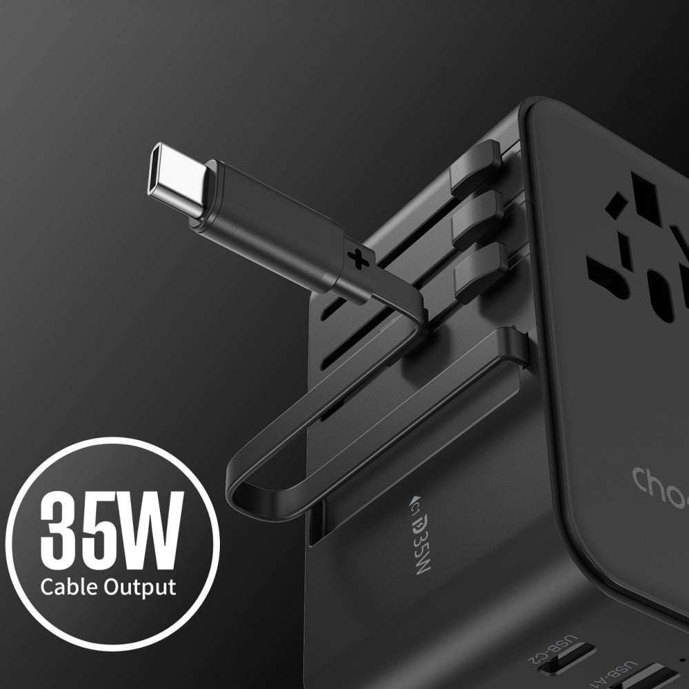 CHOETECH PD5020 35W EU/US/AUS/UK Travel Adapter with Built-in USB-C Cable - Black V28-ELECHOPD5020