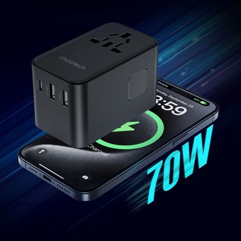 CHOETECH PD5022 70W EU/US/AUS/UK Travel Adapter with Built-in USB-C Cable - Black V28-ELECHOPD5022
