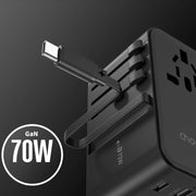 CHOETECH PD5022 70W EU/US/AUS/UK Travel Adapter with Built-in USB-C Cable - Black V28-ELECHOPD5022