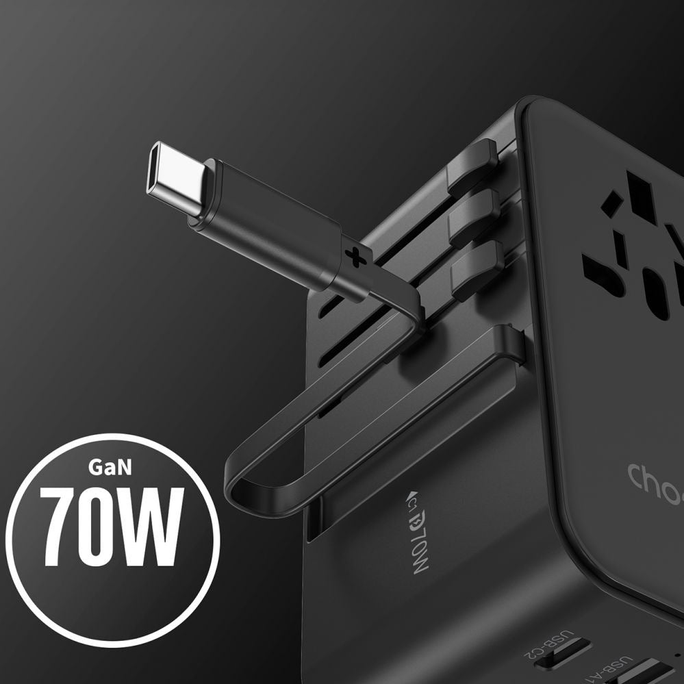 CHOETECH PD5022 70W EU/US/AUS/UK Travel Adapter with Built-in USB-C Cable - Black V28-ELECHOPD5022