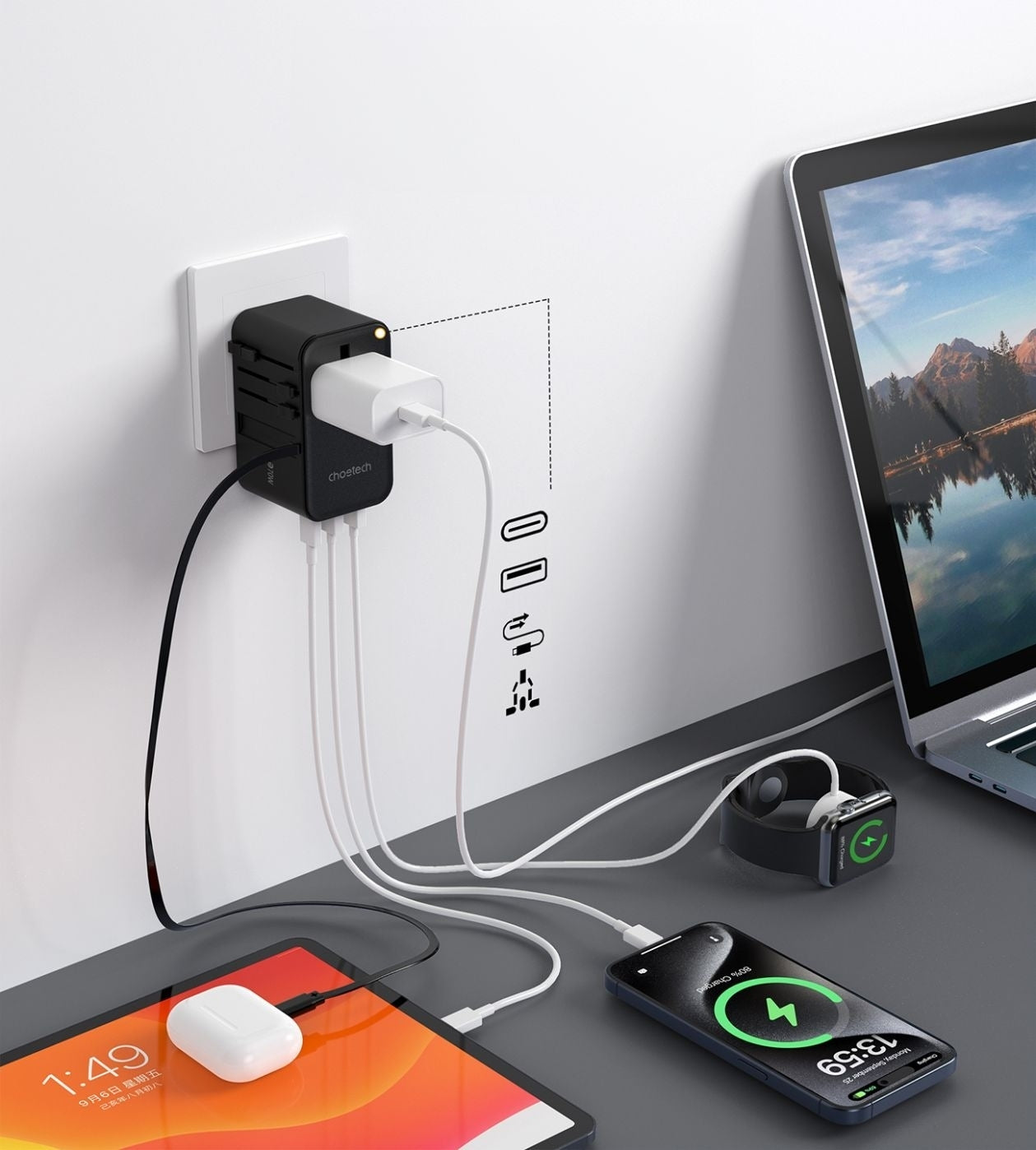 CHOETECH PD5022 70W EU/US/AUS/UK Travel Adapter with Built-in USB-C Cable - Black V28-ELECHOPD5022