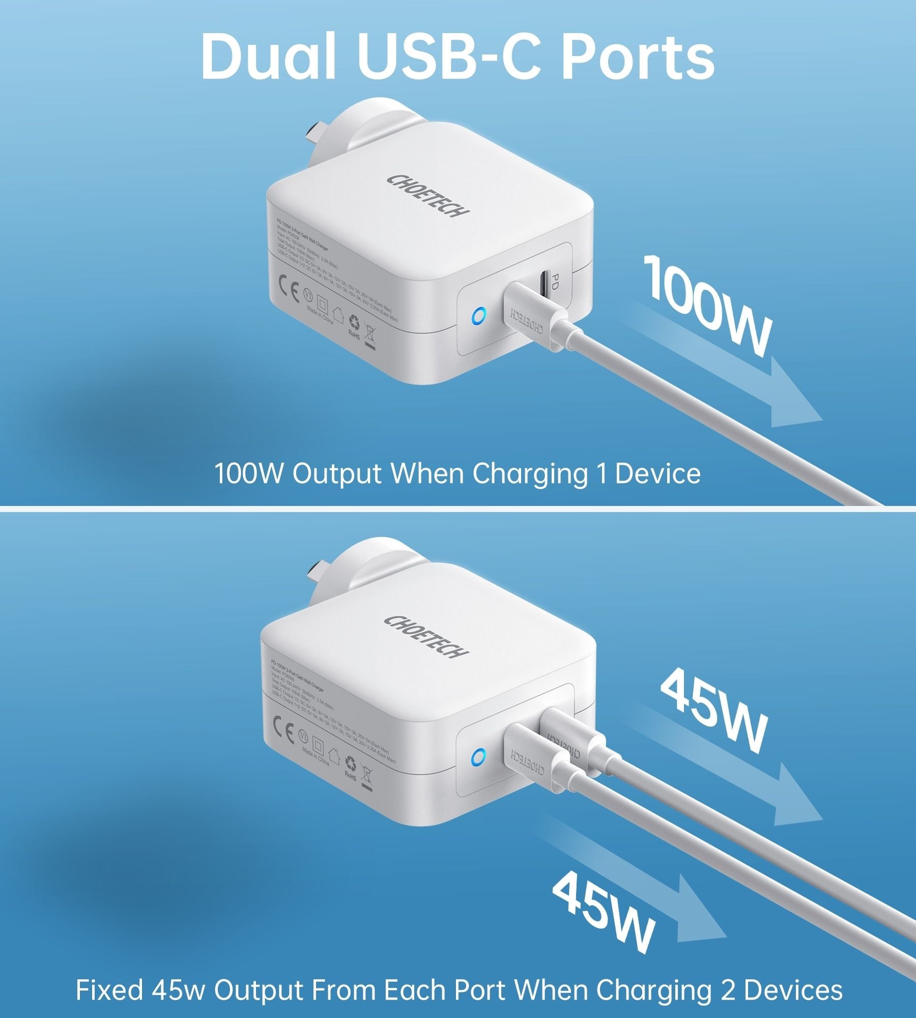 CHOETECH PD6008 GAN Dual Type-C 100w Travel Charger (US/EU/UK/AU) V28-ELECHOPD6008