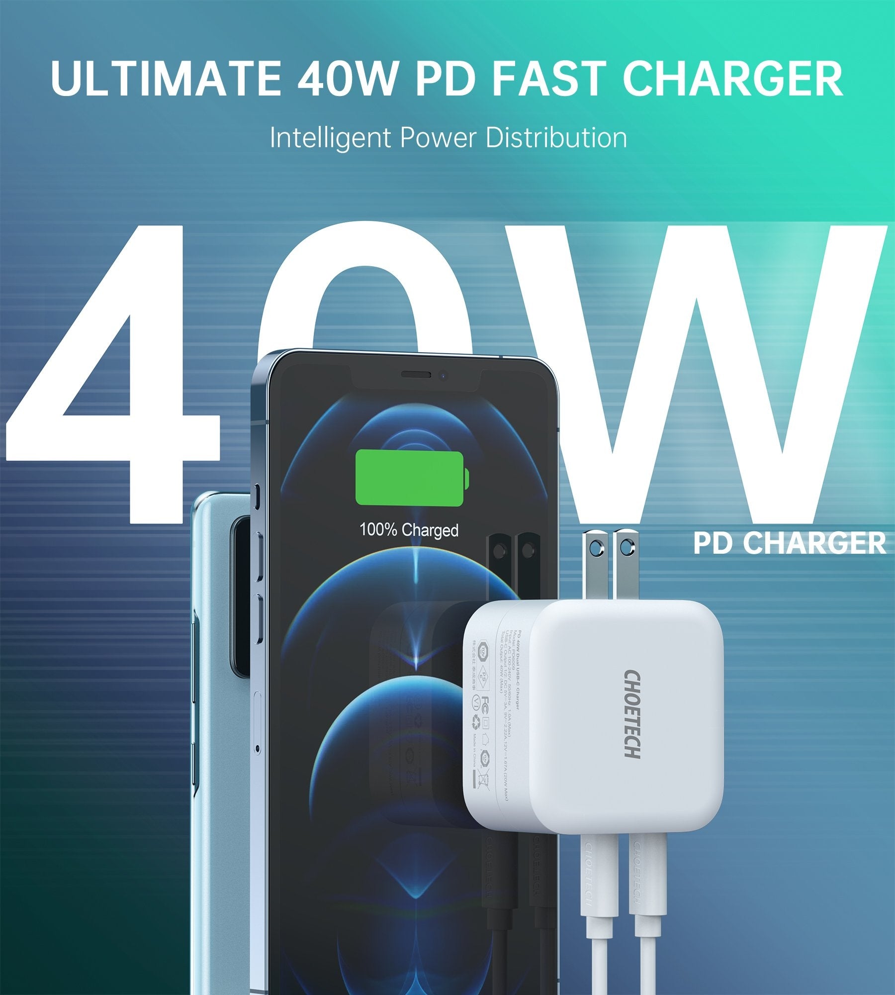 Choetech PD6009 40W Dual Fast USB C Charger 2-Port 20W PD 3.0 With Foldable Plug V28-ELECHOPD6009