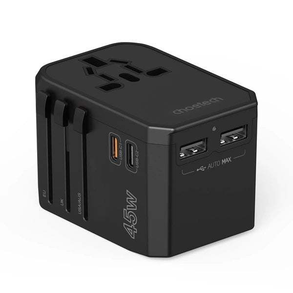 CHOETECH PD6045 GaN Tech 2C+2A 45W Travel Adapter with US EU UK AU Plugs Black V28-ELECHOPD6045