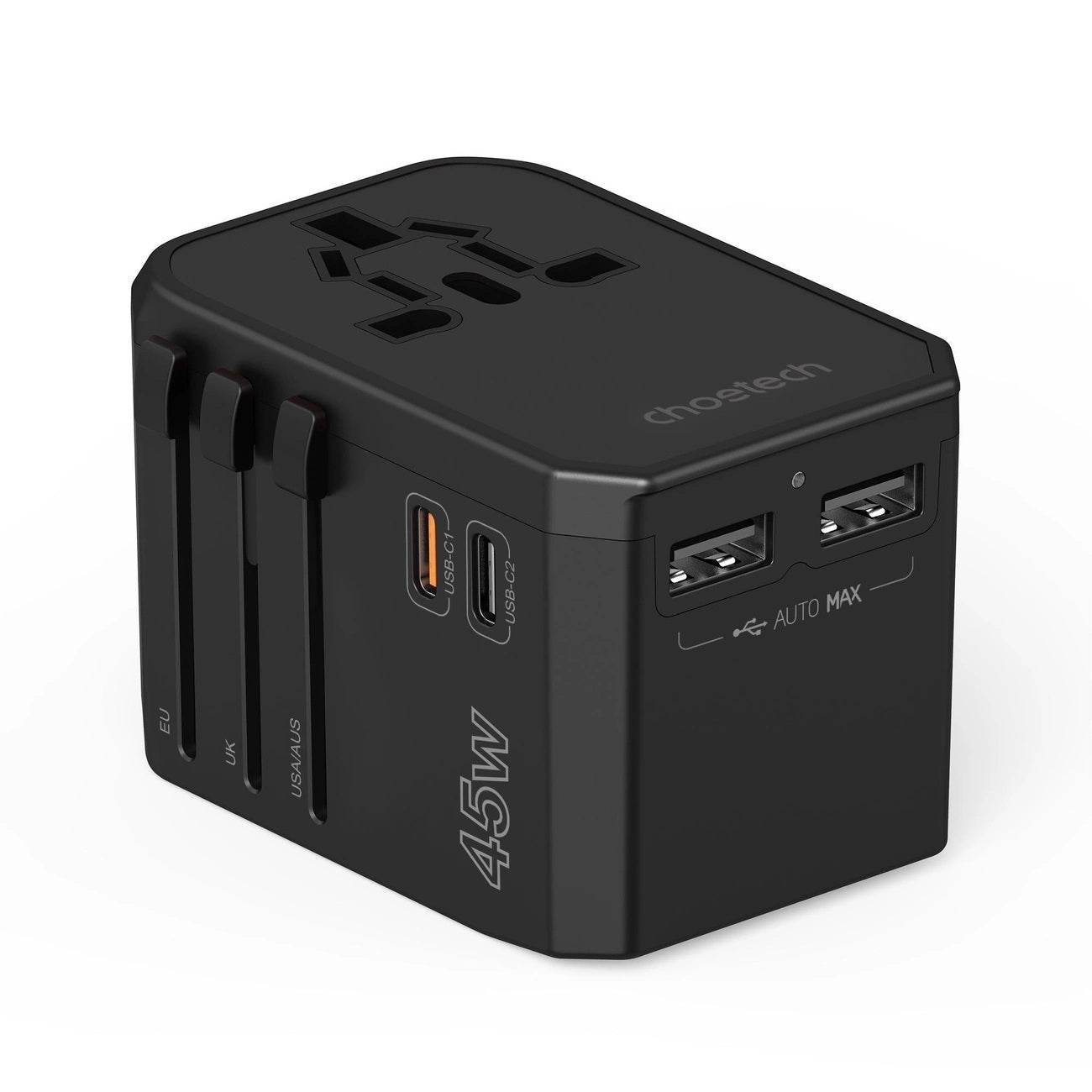 CHOETECH PD6045 GaN Tech 2C+2A 45W Travel Adapter with US EU UK AU Plugs Black V28-ELECHOPD6045
