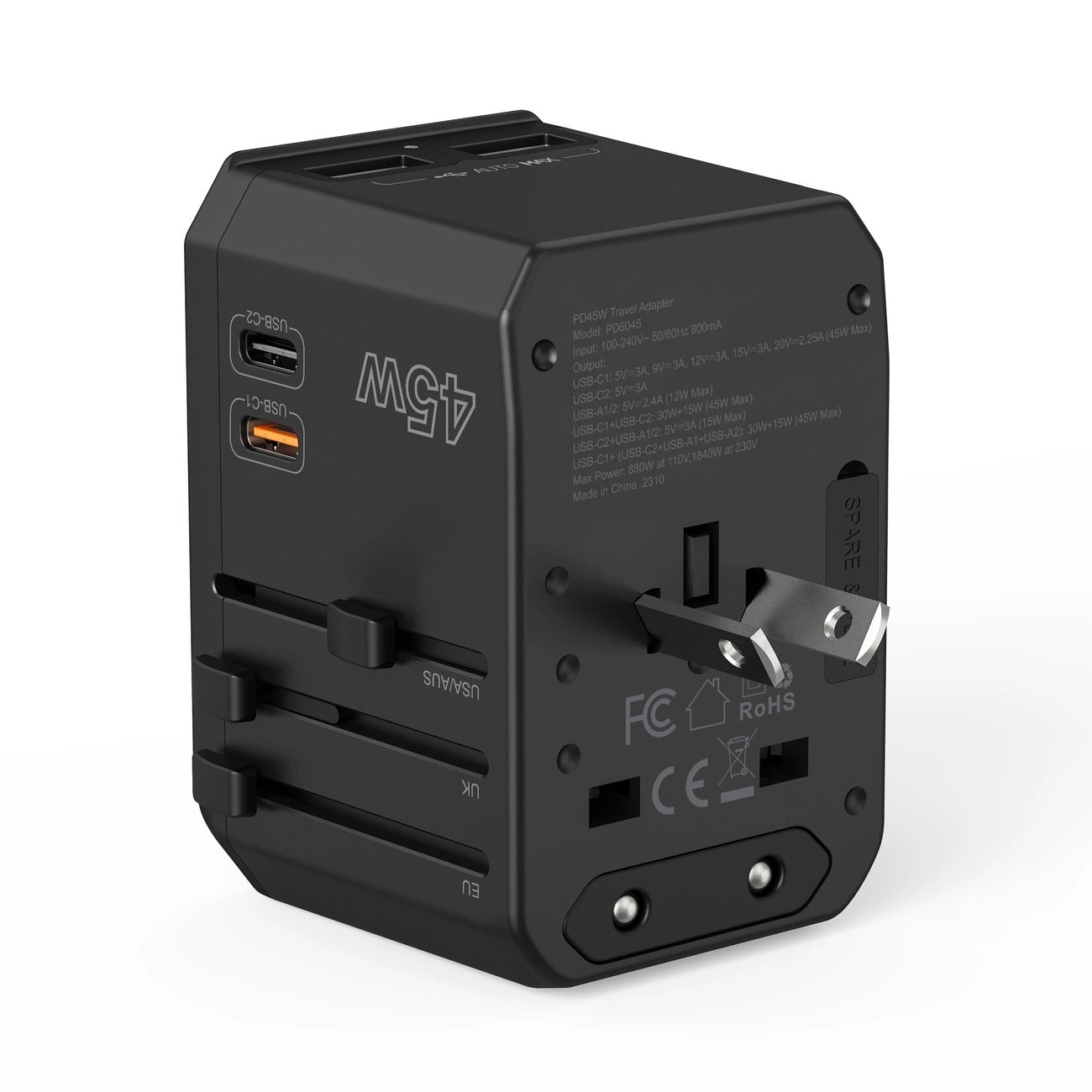 CHOETECH PD6045 GaN Tech 2C+2A 45W Travel Adapter with US EU UK AU Plugs Black V28-ELECHOPD6045