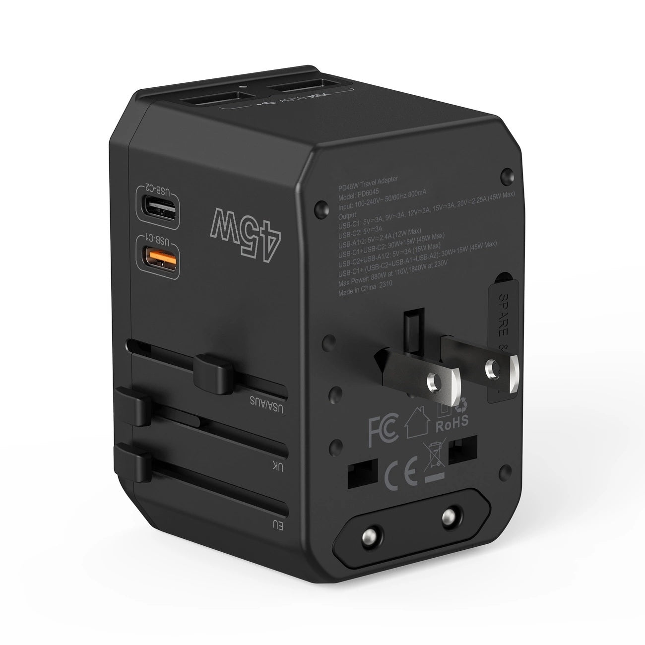 CHOETECH PD6045 GaN Tech 2C+2A 45W Travel Adapter with US EU UK AU Plugs Black V28-ELECHOPD6045