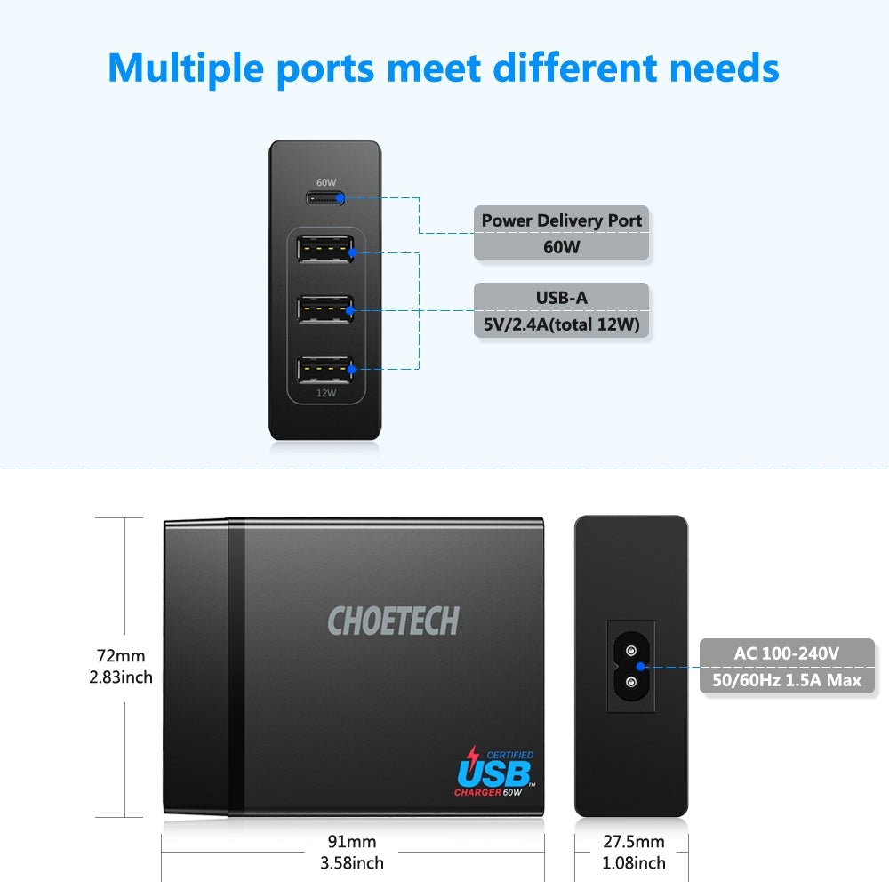 CHOETECH PD72 Power Delivery Charger V28-ELECHOPD72