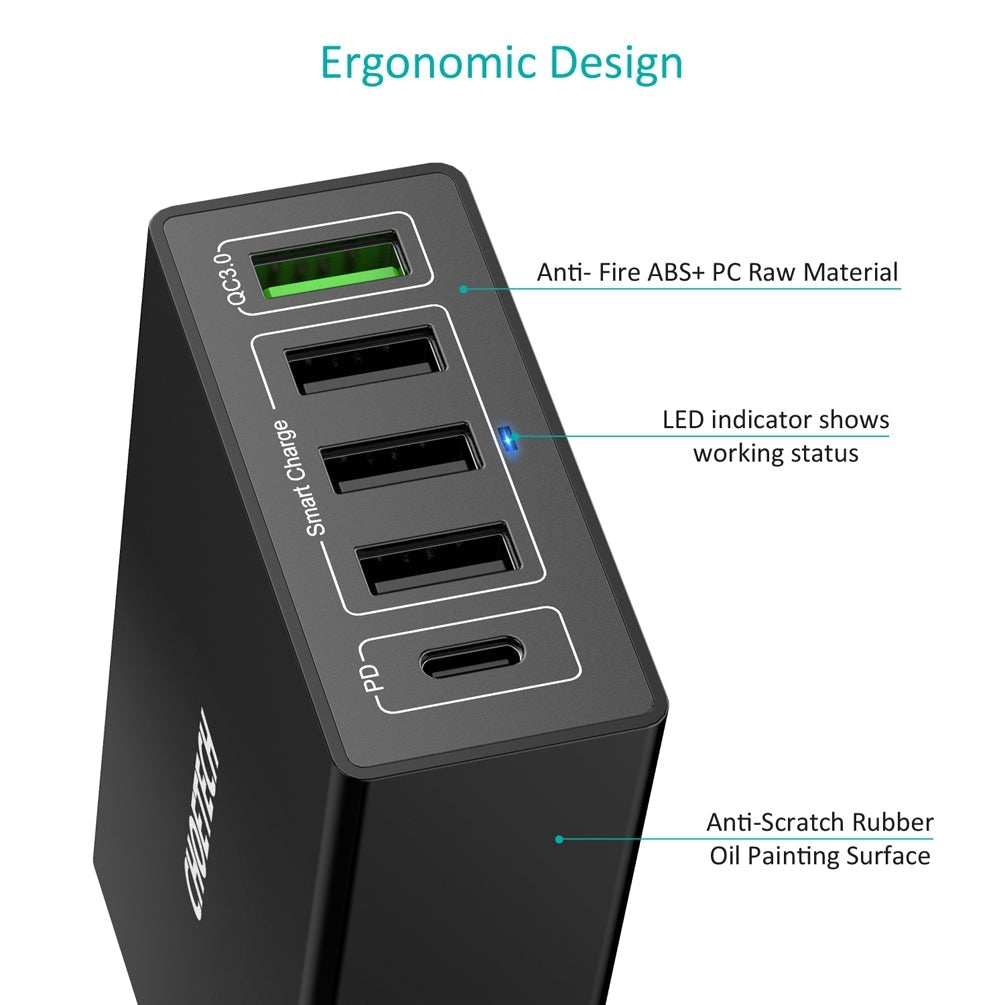 CHOETECH Q34U2Q 5-Port 60W PD Charger with 30W Power Delivery and 18W Quick Charge 3.0 V28-ELECHOQ34U2Q