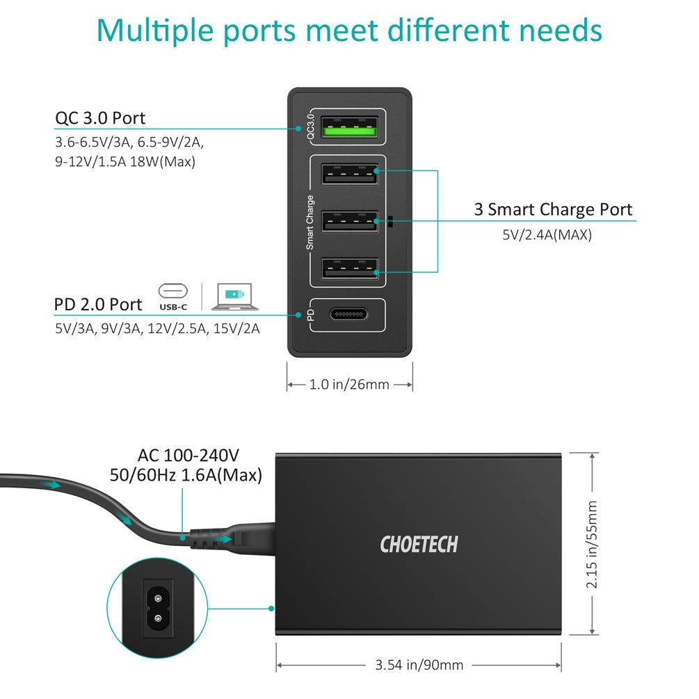 CHOETECH Q34U2Q 5-Port 60W PD Charger with 30W Power Delivery and 18W Quick Charge 3.0 V28-ELECHOQ34U2Q