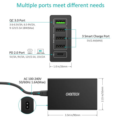 CHOETECH Q34U2Q 5-Port 60W PD Charger with 30W Power Delivery and 18W Quick Charge 3.0 V28-ELECHOQ34U2Q