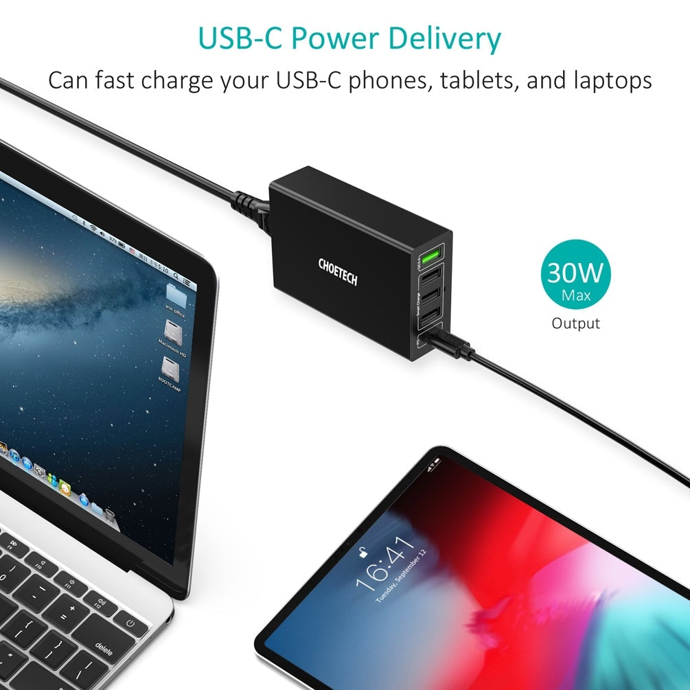 CHOETECH Q34U2Q 5-Port 60W PD Charger with 30W Power Delivery and 18W Quick Charge 3.0 V28-ELECHOQ34U2Q