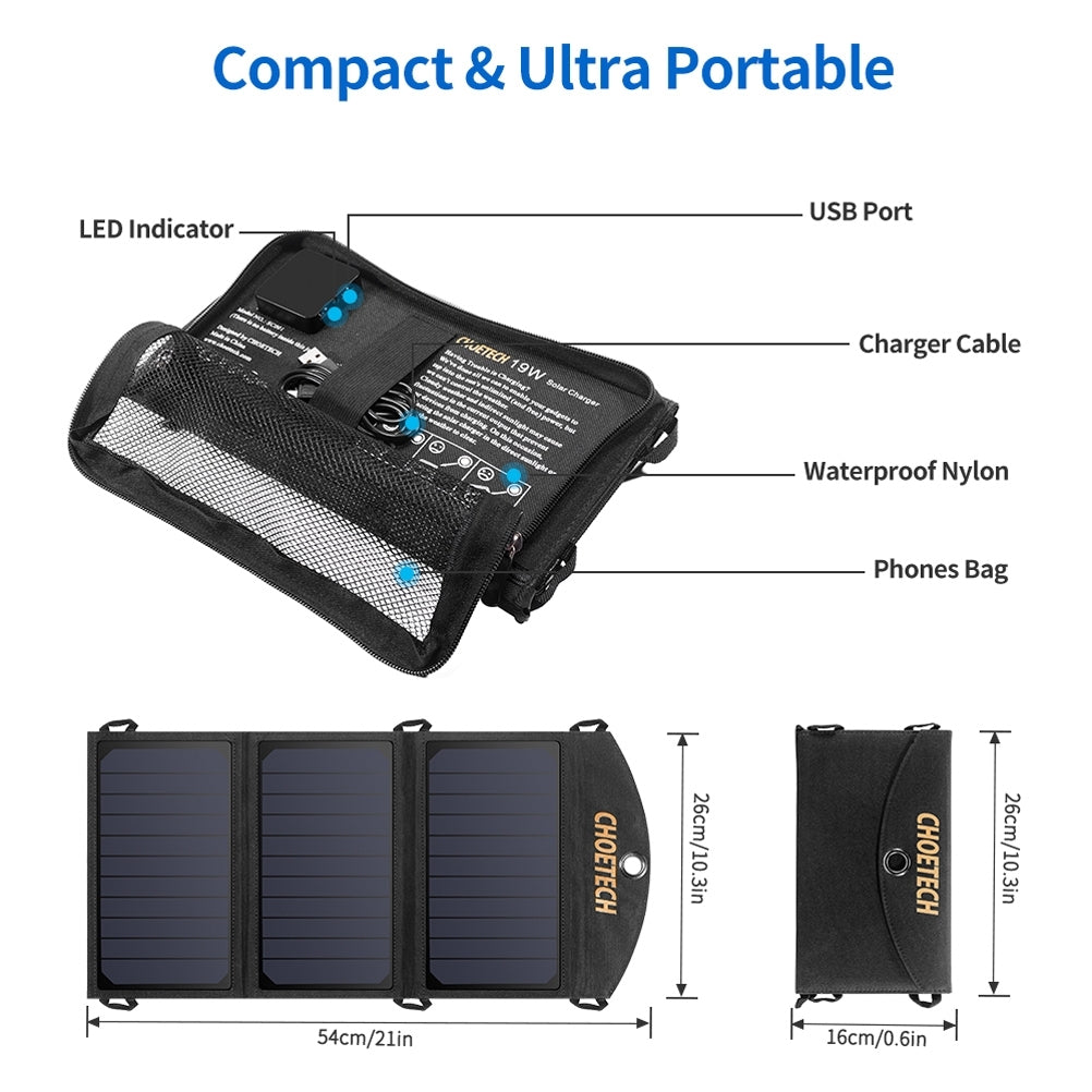 CHOETECH SC001 19W Portable Solar Panel Charger SunPower Panels Dual USB Charger for Camping/RV/Outdoors V28-ELECHOSC001