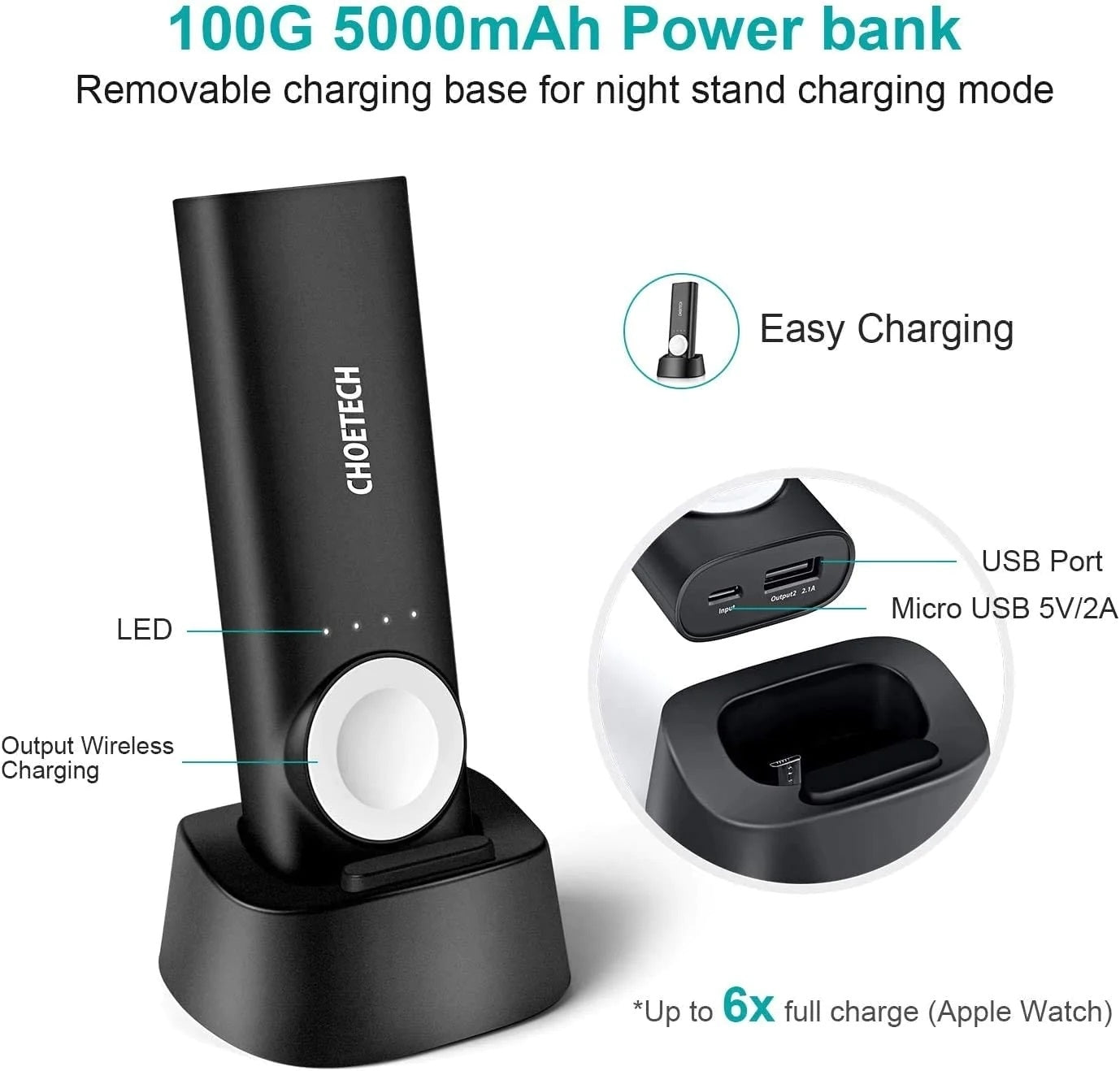 CHOETECH T315 2-in-1 Portable Wireless iWatch Quick Charger 5000mAh Power Bank V28-ELECHOT315