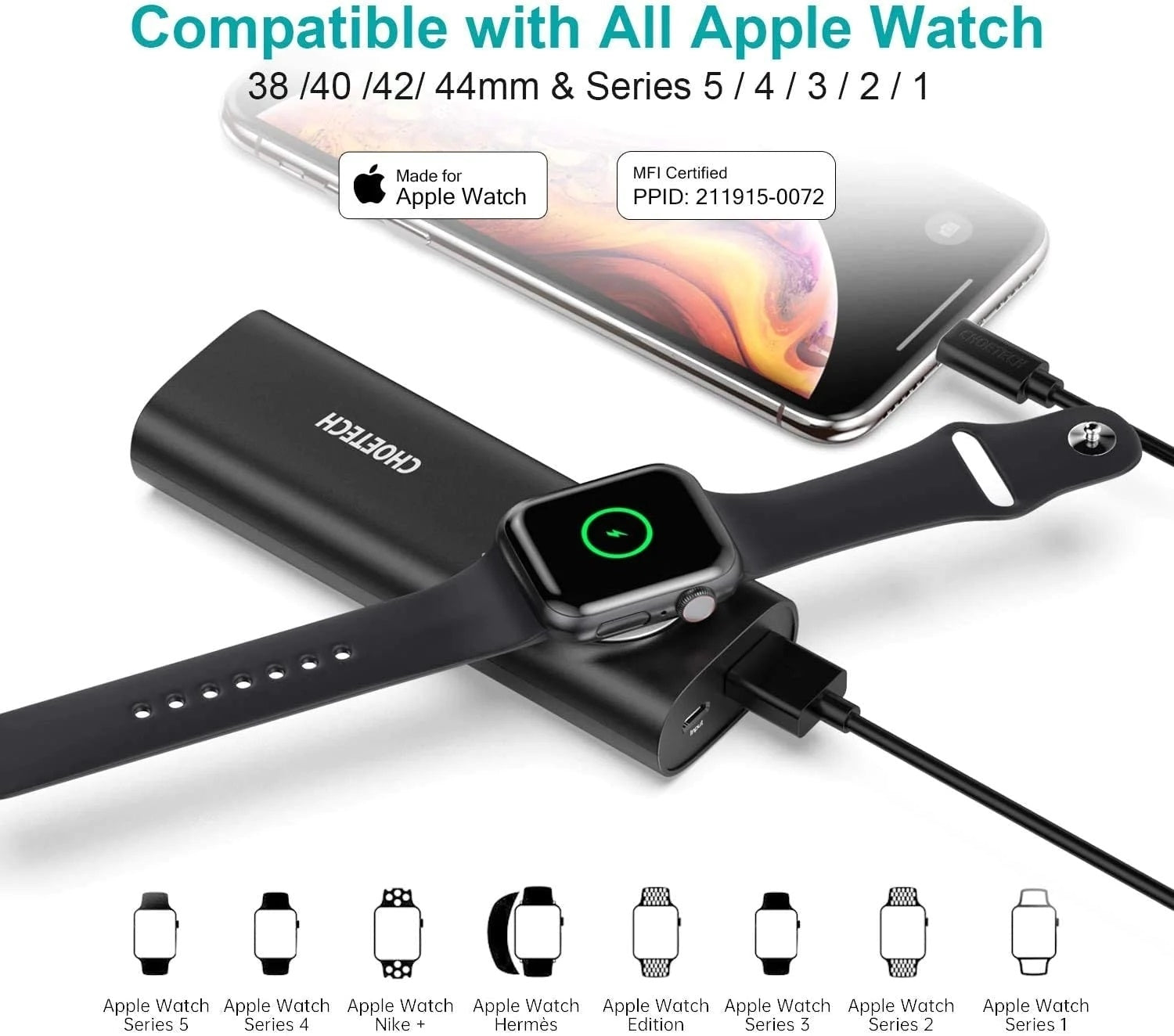 CHOETECH T315 2-in-1 Portable Wireless iWatch Quick Charger 5000mAh Power Bank V28-ELECHOT315
