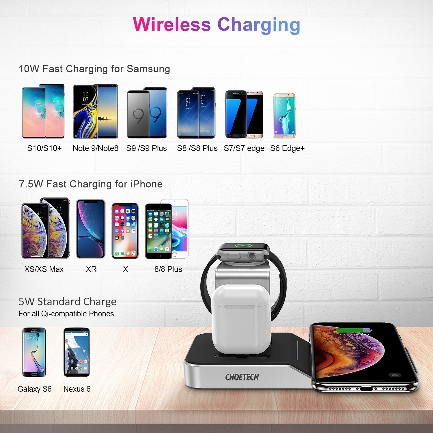 CHOETECH T316 4-in-1 Wireless Charging Station for iPhone/Apple Watch/iPod and all Qi Wireless Cell phones V28-ELECHOT316
