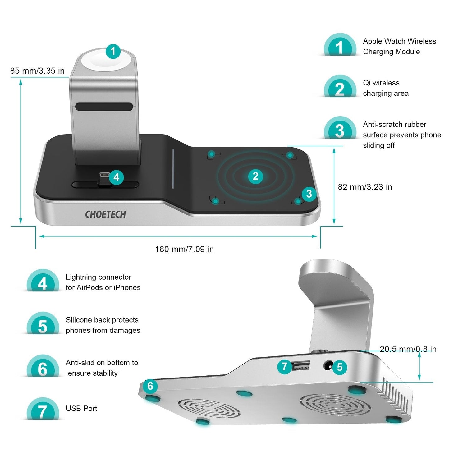 CHOETECH T316 4-in-1 Wireless Charging Station for iPhone/Apple Watch/iPod and all Qi Wireless Cell phones V28-ELECHOT316