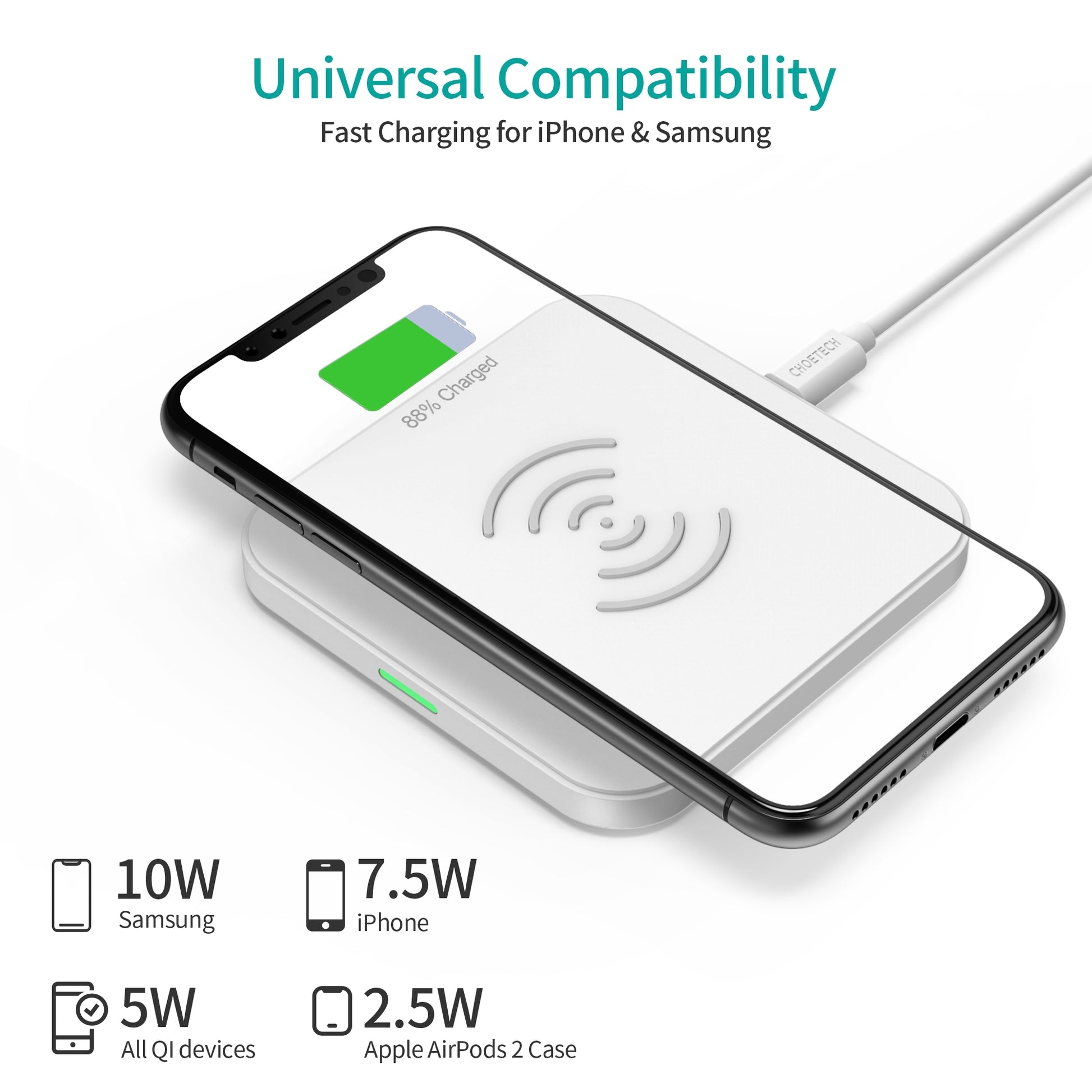 CHOETECH T511-S 10W/7.5W Fast Wireless Charger Pad (White) V28-ELECHOT511SWH