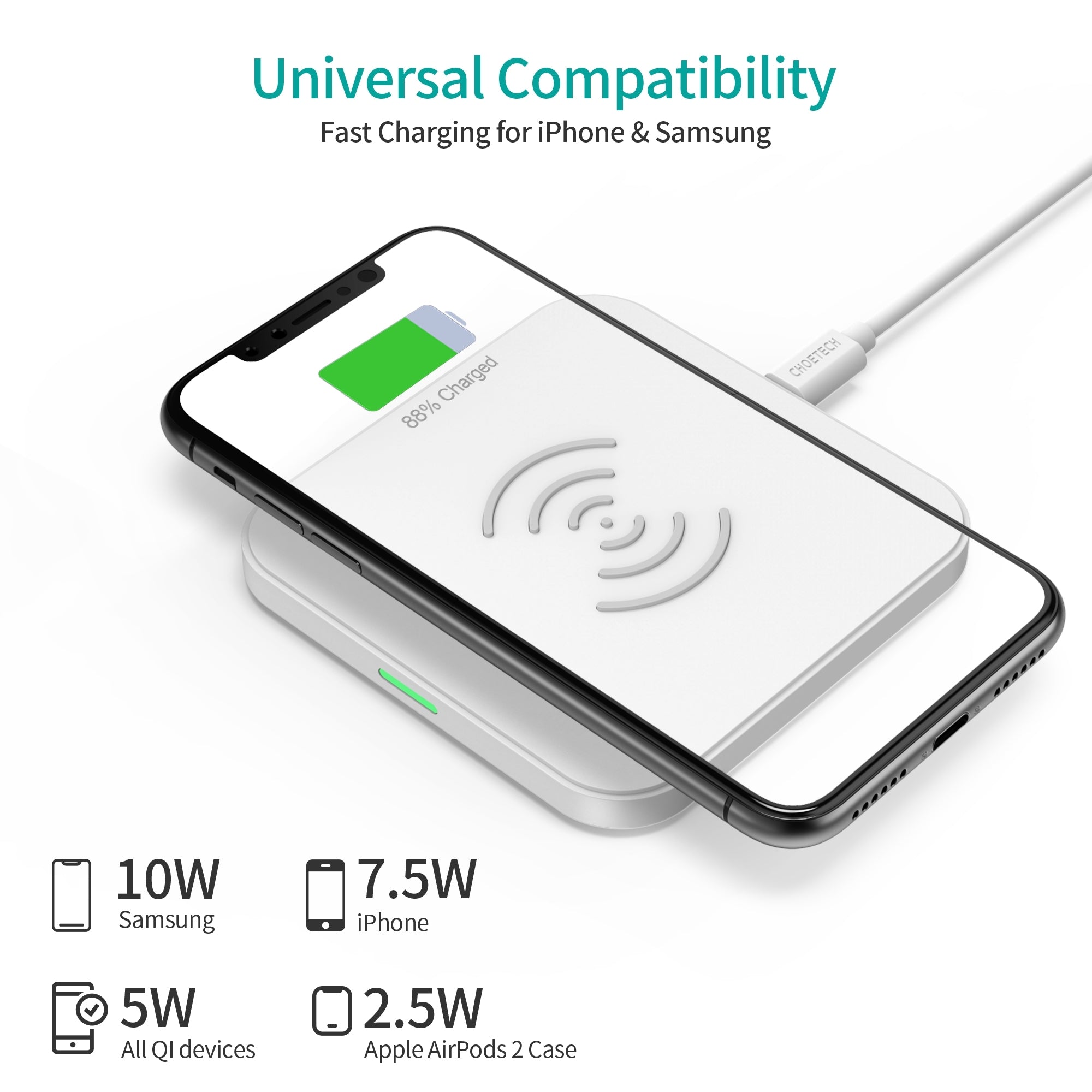 CHOETECH T511-S 10W/7.5W Fast Wireless Charger Pad (White) V28-ELECHOT511SWH