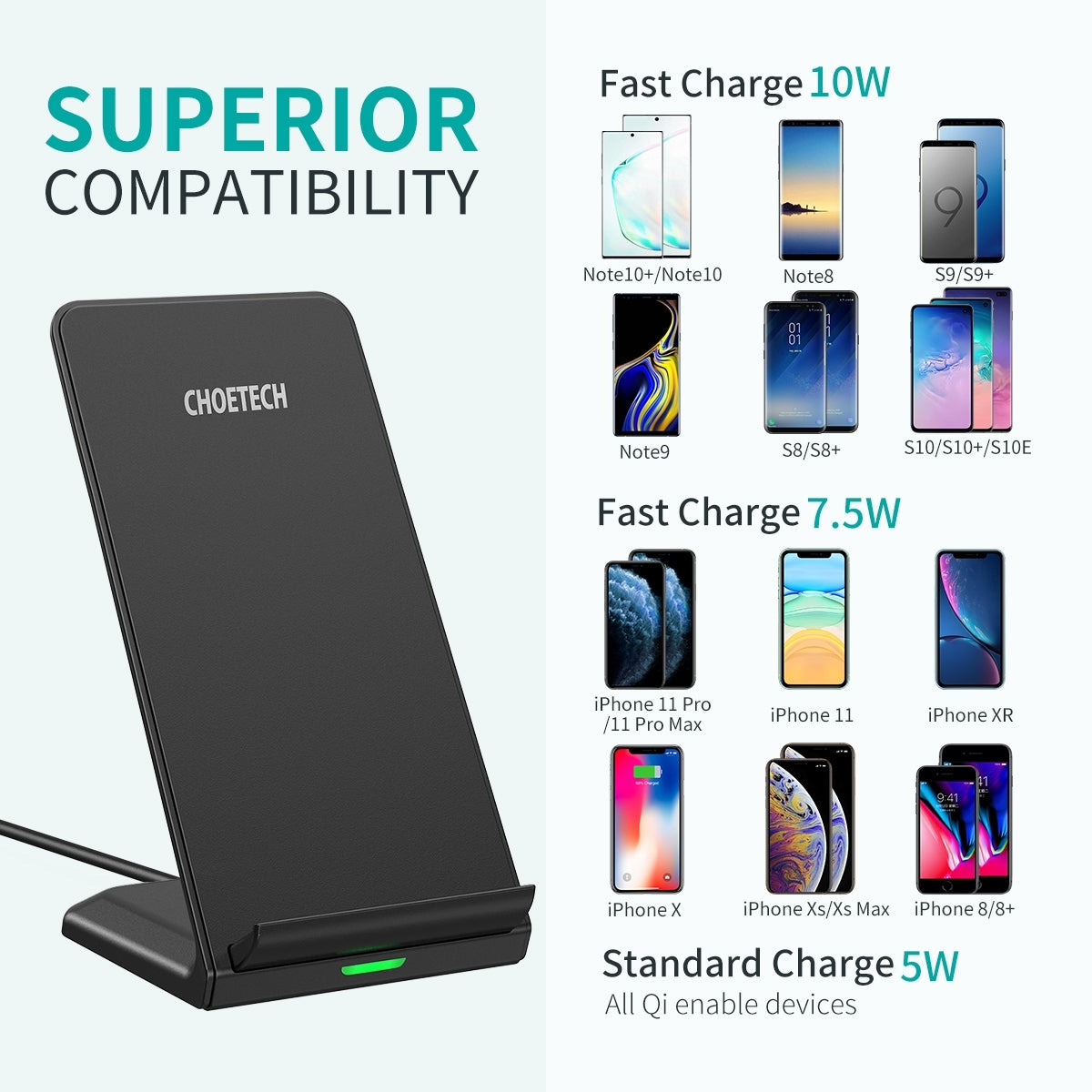 CHOETECH T524S 10W/7.5W Fast Wireless Charging Stand with AC Adapter V28-ELECHOT524SAU