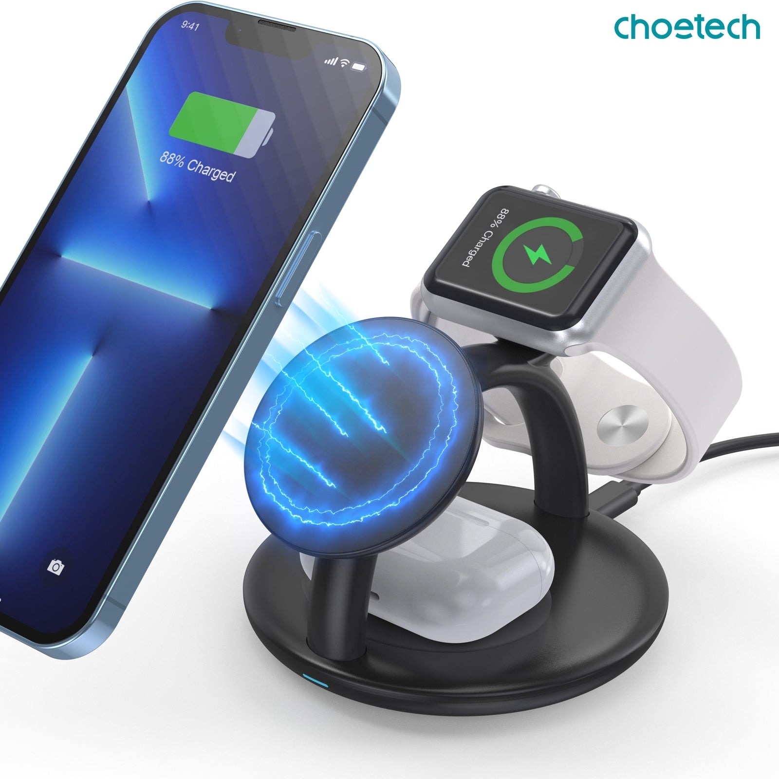 CHOETECH T587-F 3-in-1 Magnetic Wireless Charger Station for iPhone 12/13/14/AirPods Pro/iWatch V28-ELECHOT587F