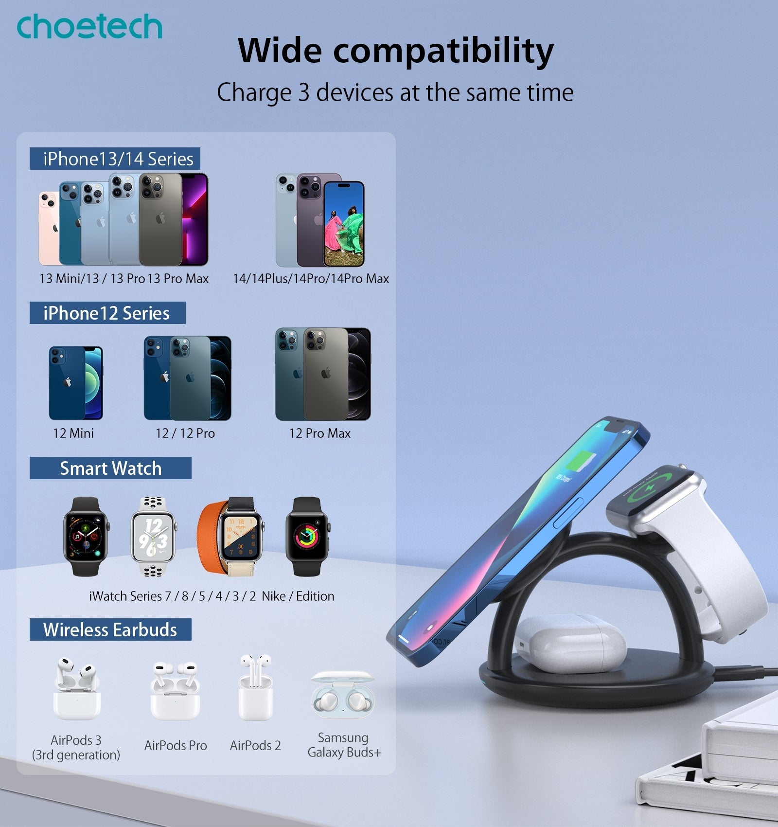 CHOETECH T587-F 3-in-1 Magnetic Wireless Charger Station for iPhone 12/13/14/AirPods Pro/iWatch V28-ELECHOT587F