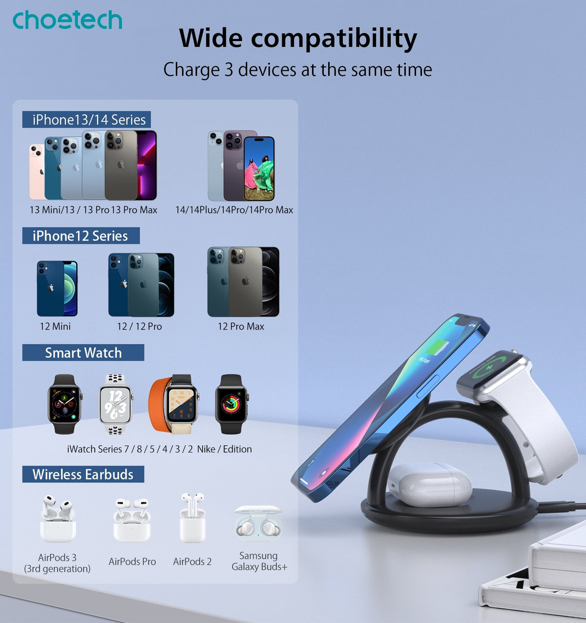 CHOETECH T587-F 3-in-1 Magnetic Wireless Charger Station for iPhone 12/13/14/AirPods Pro/iWatch V28-ELECHOT587F