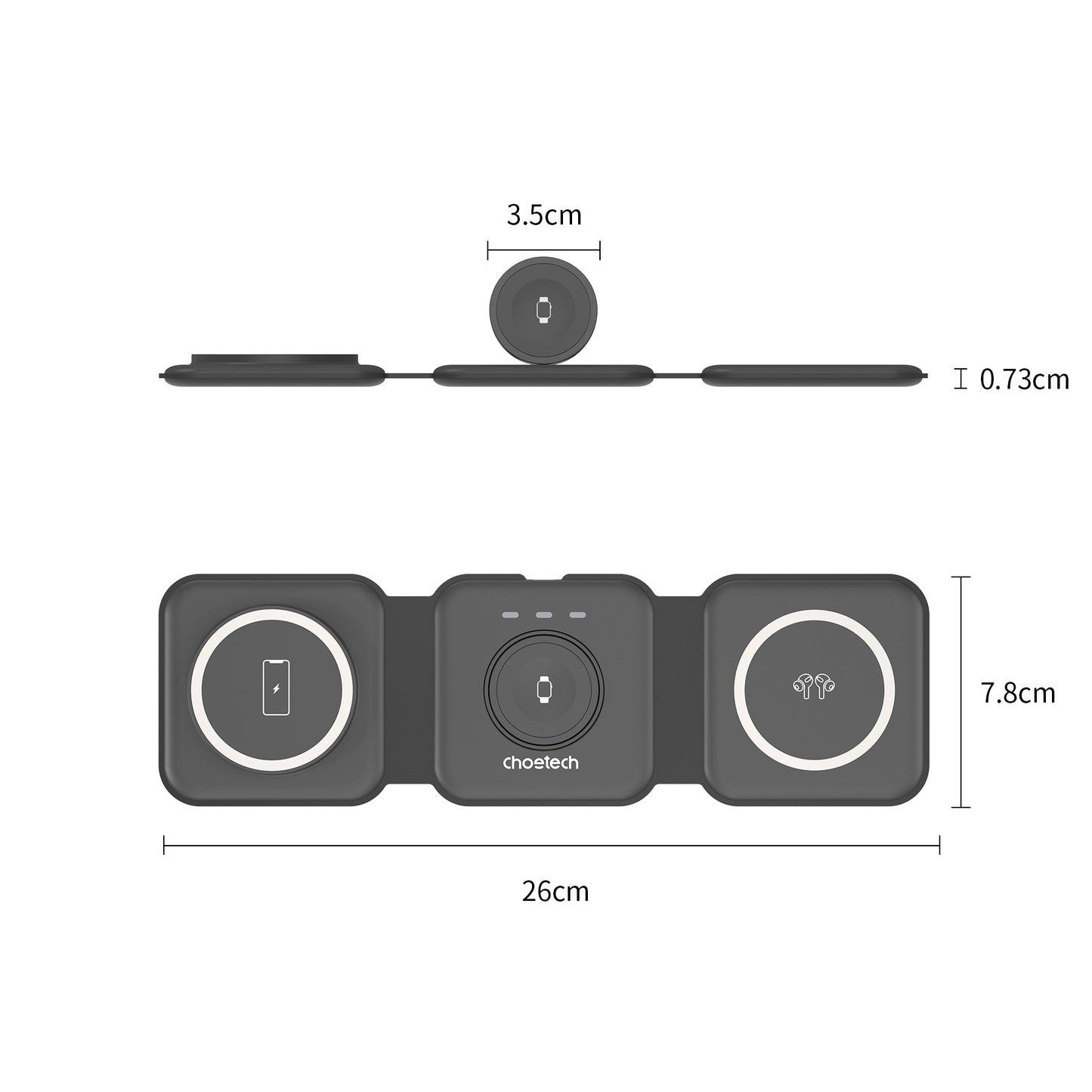CHOETECH T588-F-BK 3-in-1 Foldable Fast Wireless Charger for Phone/Watch/Earphone V28-ELECHOT588FBK