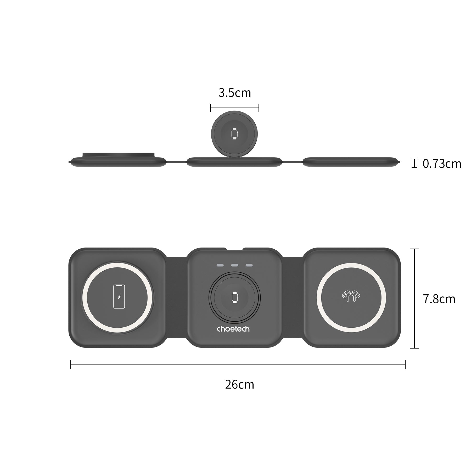 CHOETECH T588-F-BK 3-in-1 Foldable Fast Wireless Charger for Phone/Watch/Earphone V28-ELECHOT588FBK