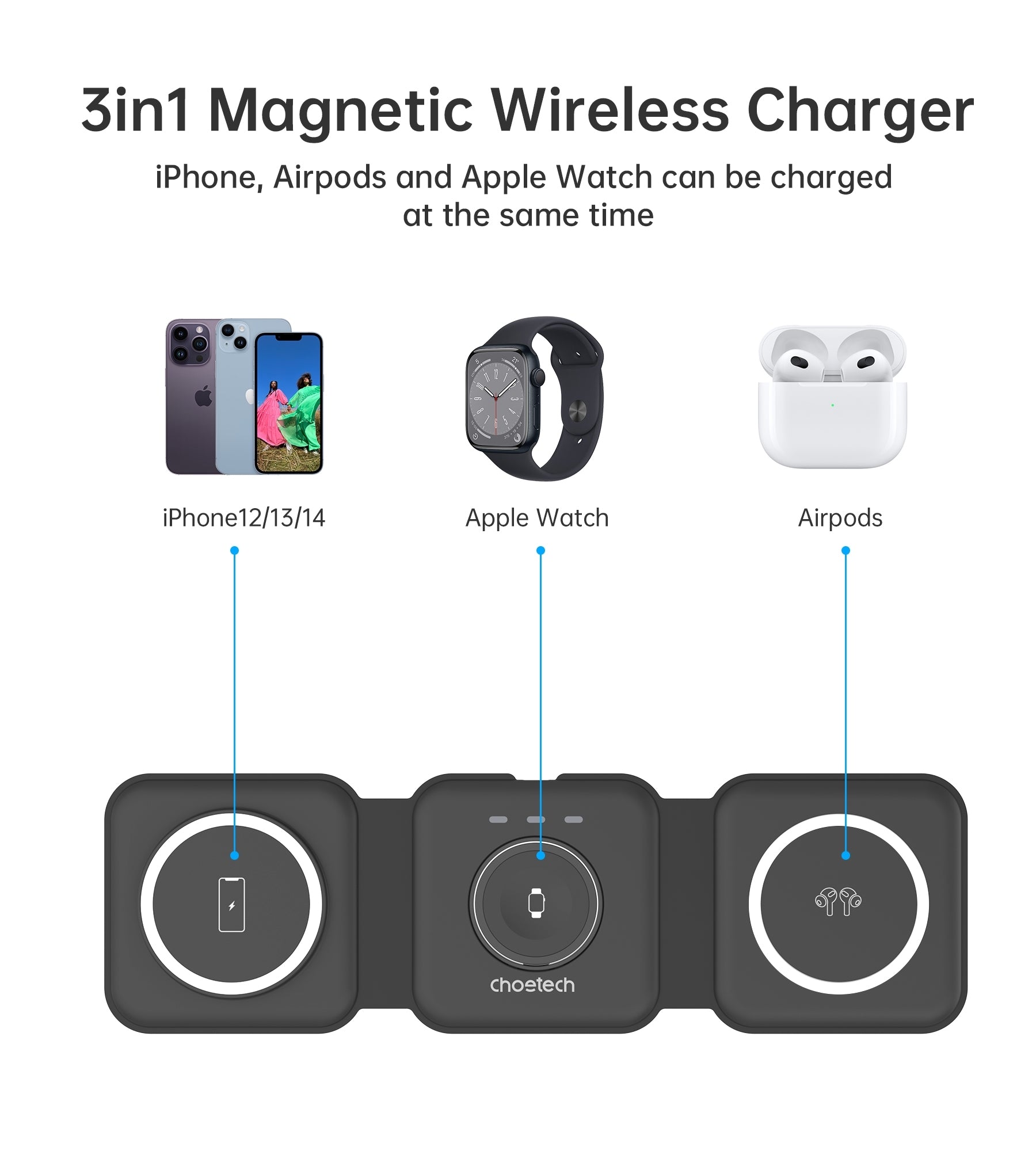 CHOETECH T588-F-BK 3-in-1 Foldable Fast Wireless Charger for Phone/Watch/Earphone V28-ELECHOT588FBK