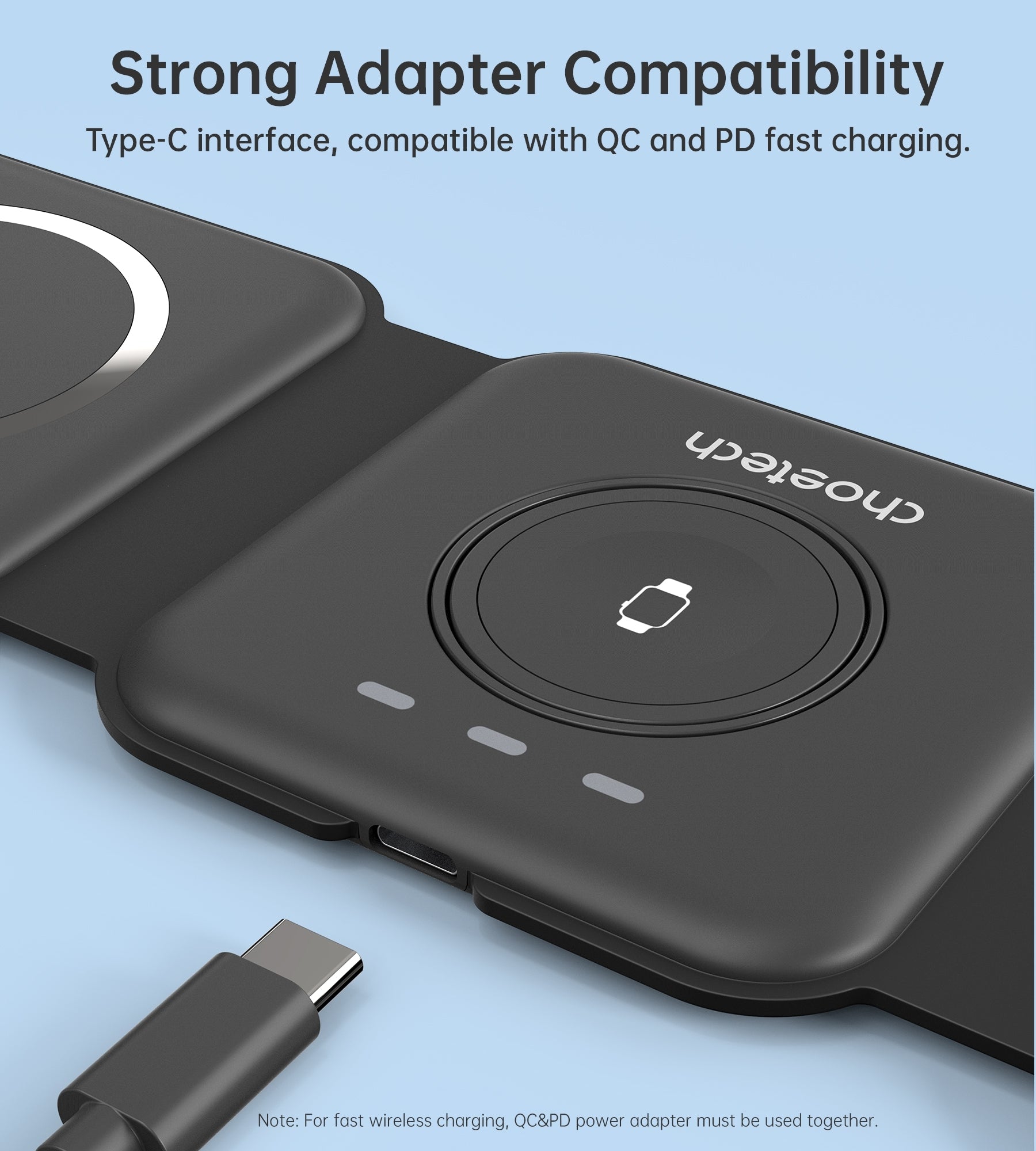 CHOETECH T588-F-BK 3-in-1 Foldable Fast Wireless Charger for Phone/Watch/Earphone V28-ELECHOT588FBK