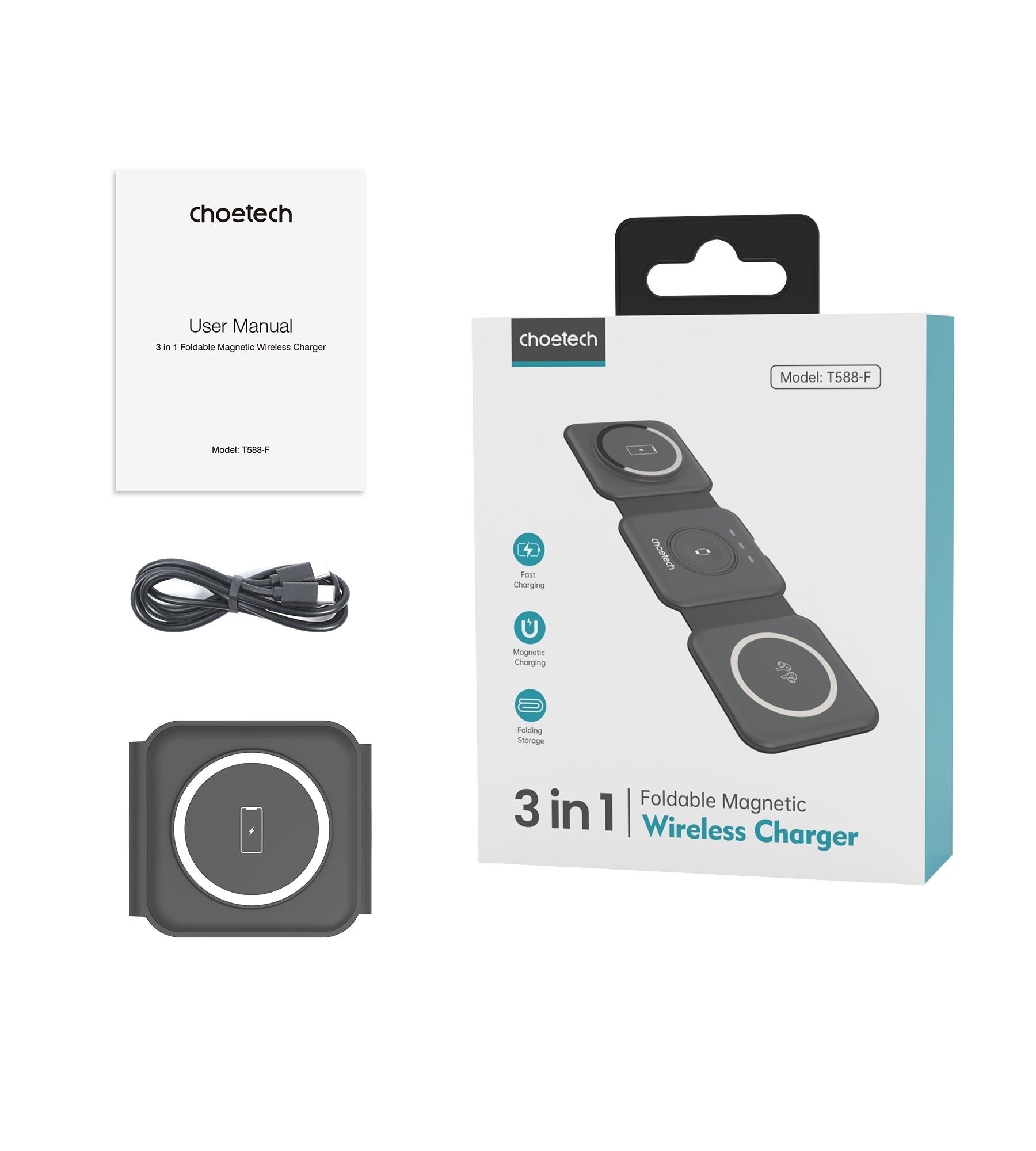 CHOETECH T588-F-BK 3-in-1 Foldable Fast Wireless Charger for Phone/Watch/Earphone V28-ELECHOT588FBK