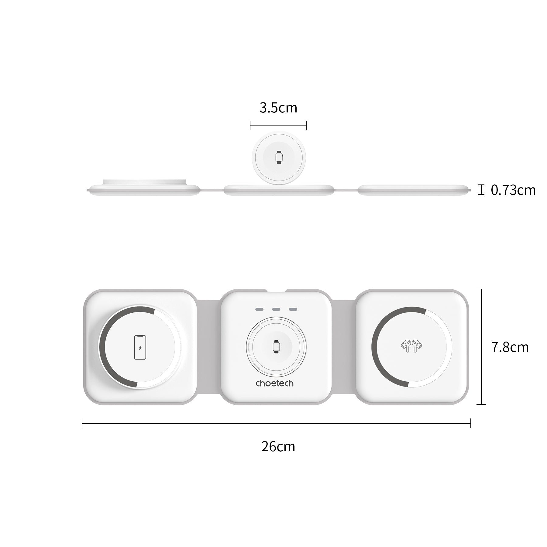 CHOETECH T588-F-WH 3-in-1 Foldable Fast Wireless Charger for Phone/Watch/Earphone V28-ELECHOT588FWH