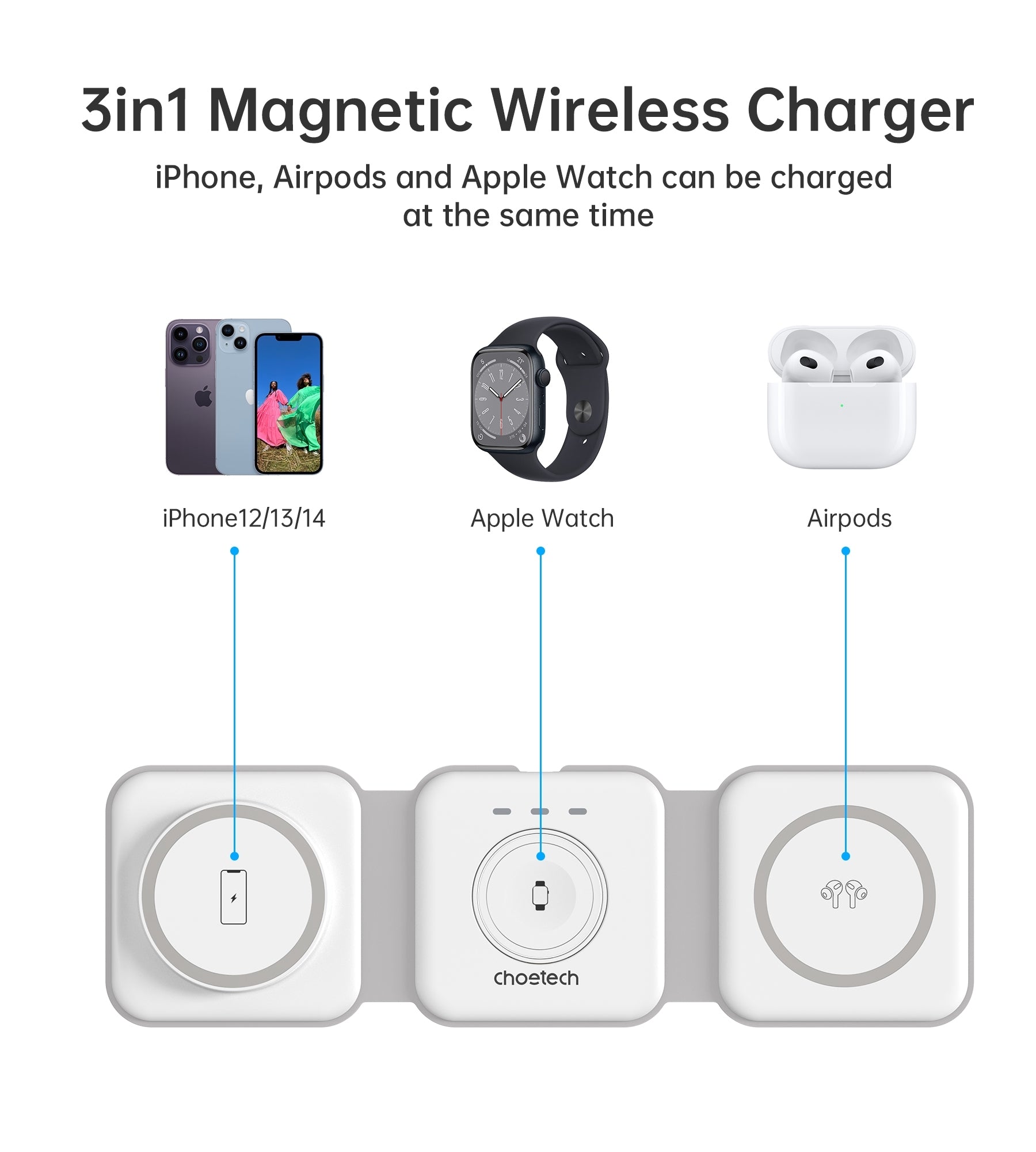 CHOETECH T588-F-WH 3-in-1 Foldable Fast Wireless Charger for Phone/Watch/Earphone V28-ELECHOT588FWH