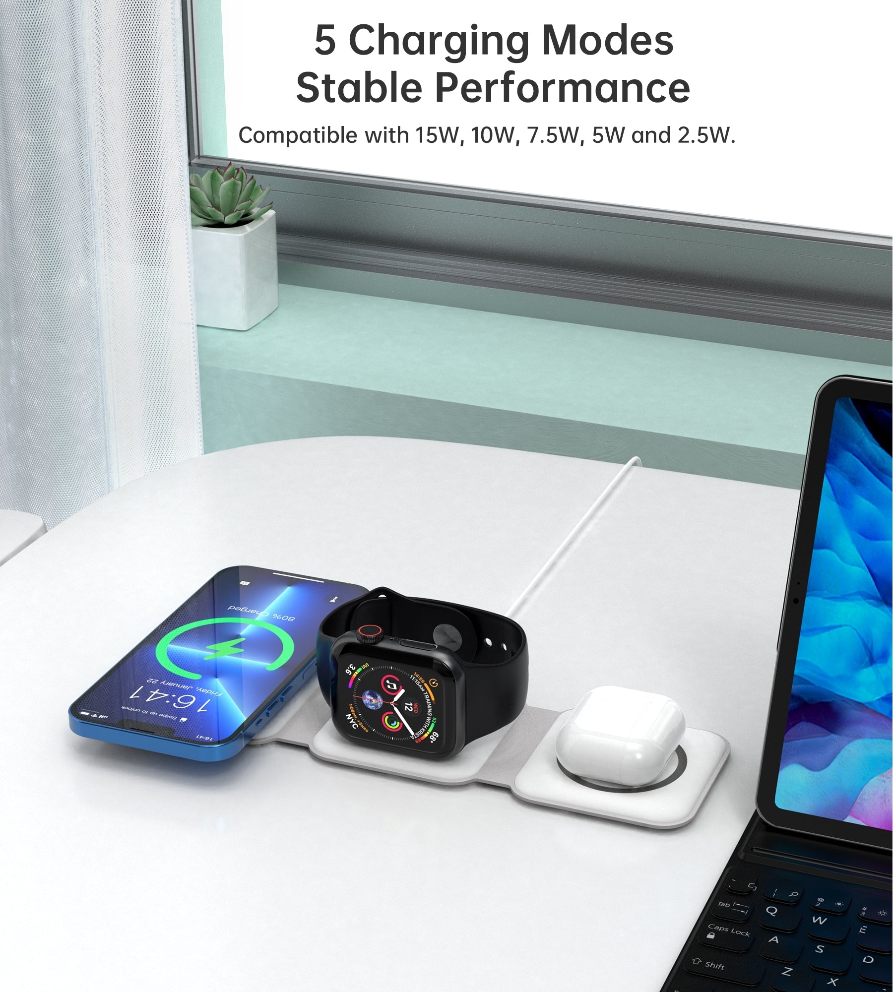 CHOETECH T588-F-WH 3-in-1 Foldable Fast Wireless Charger for Phone/Watch/Earphone V28-ELECHOT588FWH