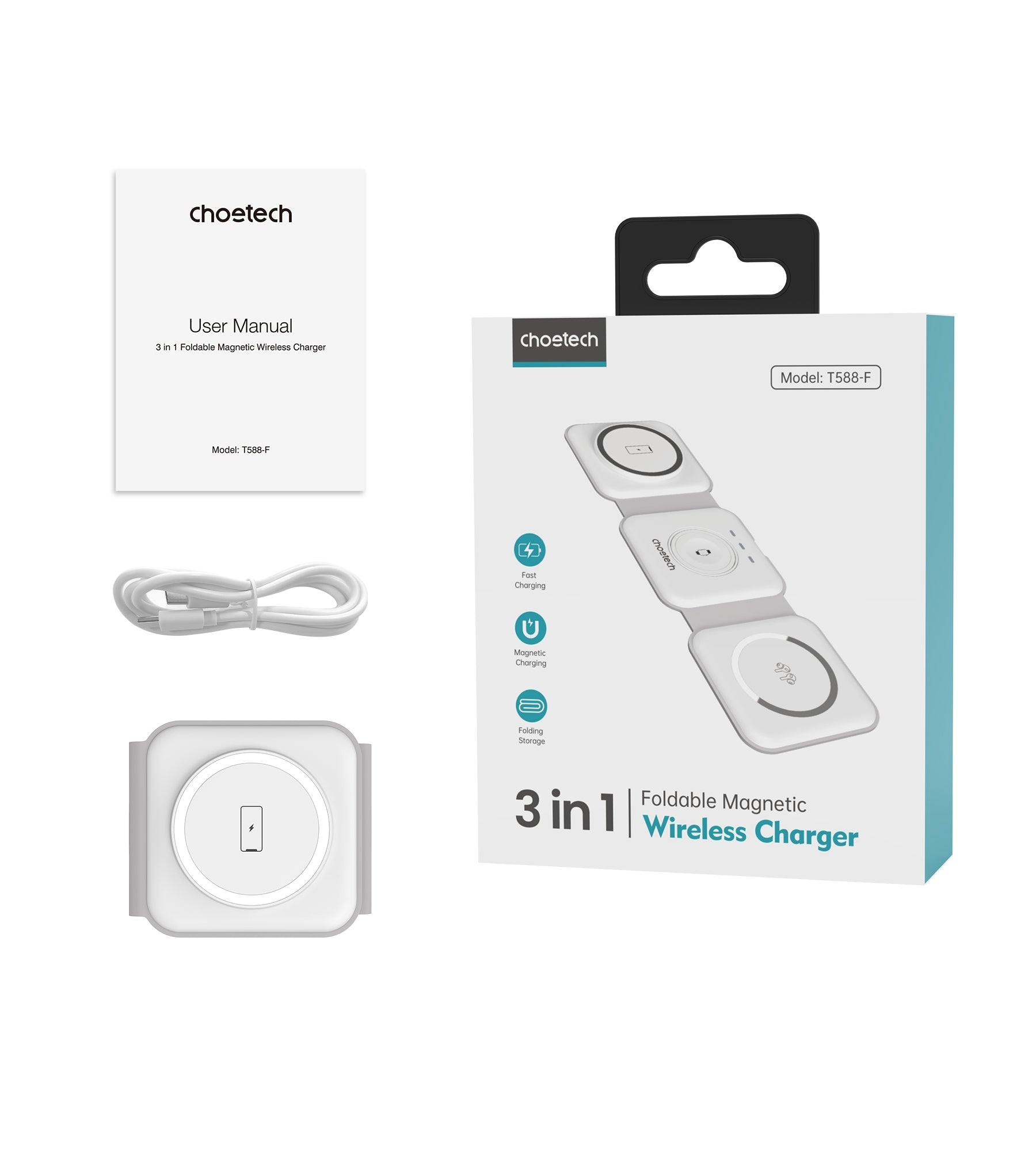 CHOETECH T588-F-WH 3-in-1 Foldable Fast Wireless Charger for Phone/Watch/Earphone V28-ELECHOT588FWH